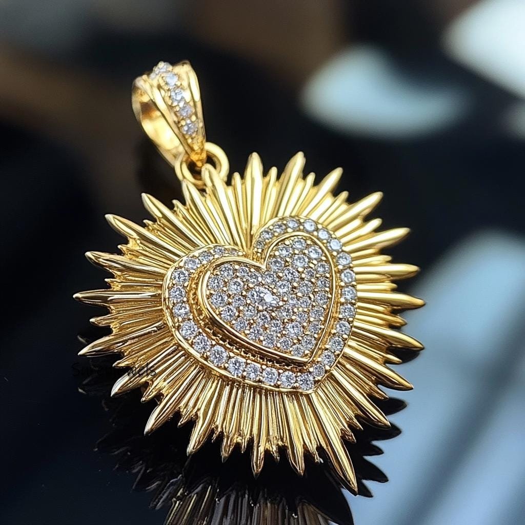 25mm 14K Gold Fluted Heart Pendant: Sunburst Charm - View 3 - Suren Jewels | SKU: SJP4391-9KYGDI-25M,SJP5208-SLYGCZ-25M,SJP55 25mm 14K Gold Fluted Heart Pendant: Sunburst Charm - View 3 - Suren Jewels | SKU: SJP4391-9KYGDI-25M,SJP5208-SLYGCZ-25M,SJP55