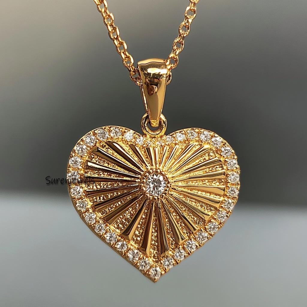 25mm 14K Gold Fluted Heart Pendant: Sunburst Charm - View 4 - Suren Jewels | SKU: SJP4391-9KYGDI-25M,SJP5208-SLYGCZ-25M,SJP55 25mm 14K Gold Fluted Heart Pendant: Sunburst Charm - View 4 - Suren Jewels | SKU: SJP4391-9KYGDI-25M,SJP5208-SLYGCZ-25M,SJP55