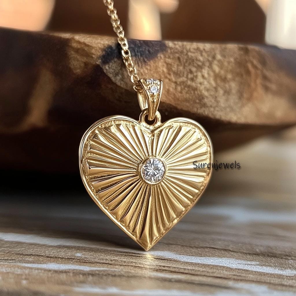 25mm 14K Gold Fluted Heart Pendant: Sunburst Charm - View 5 - Suren Jewels | SKU: SJP4391-9KYGDI-25M,SJP5208-SLYGCZ-25M,SJP55 25mm 14K Gold Fluted Heart Pendant: Sunburst Charm - View 5 - Suren Jewels | SKU: SJP4391-9KYGDI-25M,SJP5208-SLYGCZ-25M,SJP55