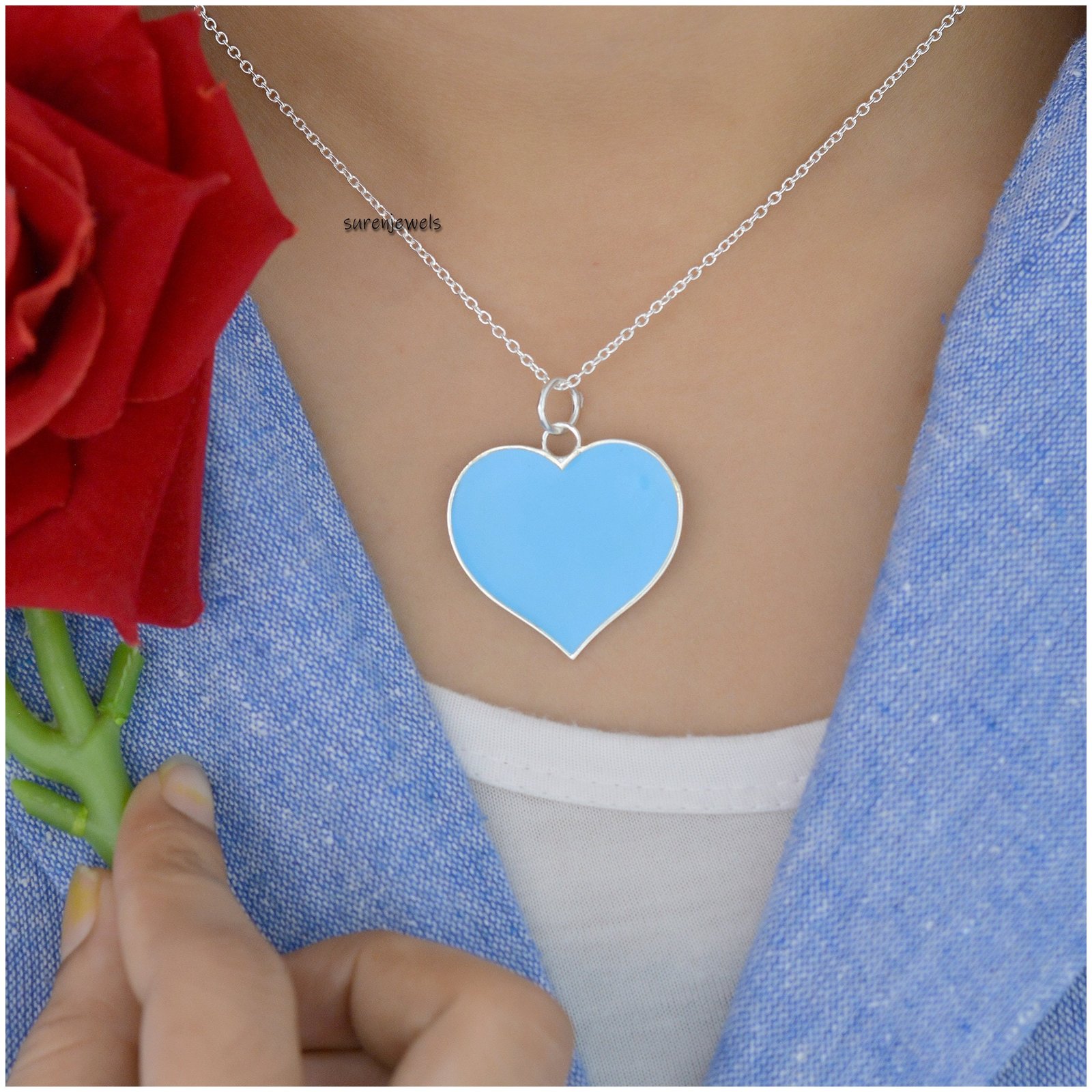 925 Silver Blue Enamel Heart Pendant - Christmas Jewelry - View 2 - Suren Jewels | SKU: SJP506-SLYGELP-N41-18I 925 Silver Blue Enamel Heart Pendant - Christmas Jewelry - View 2 - Suren Jewels | SKU: SJP506-SLYGELP-N41-18I