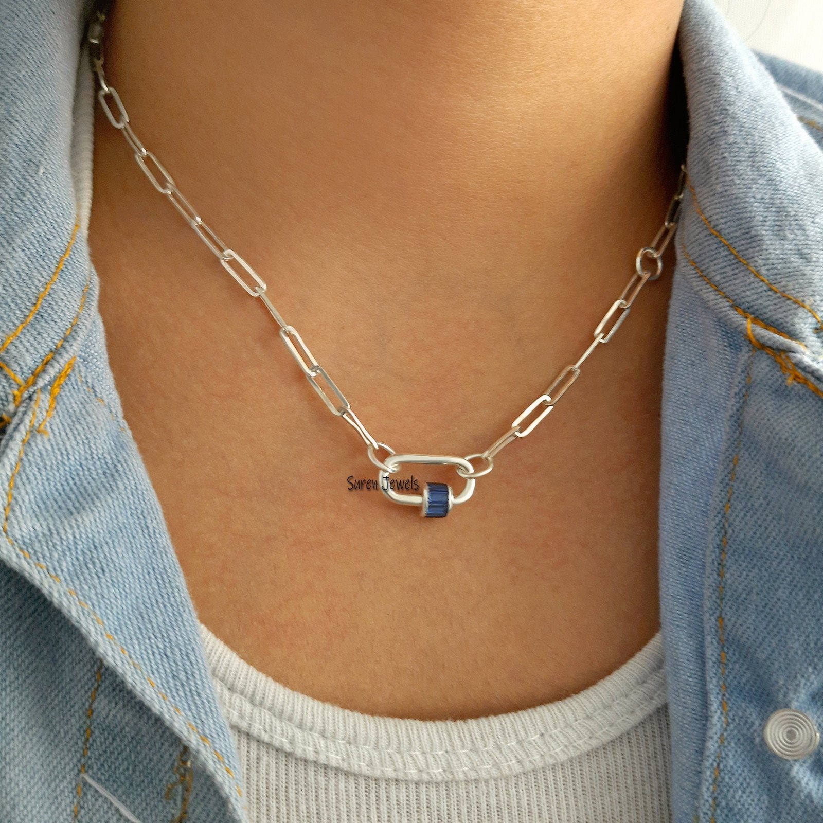 925 Silver Carabiner Lock: Blue Sapphire Baguette Pendant Necklace - View 4 - Suren Jewels | SKU: SJC22-SLNSBTTBSP-N47-18I 925 Silver Carabiner Lock: Blue Sapphire Baguette Pendant Necklace - View 4 - Suren Jewels | SKU: SJC22-SLNSBTTBSP-N47-18I