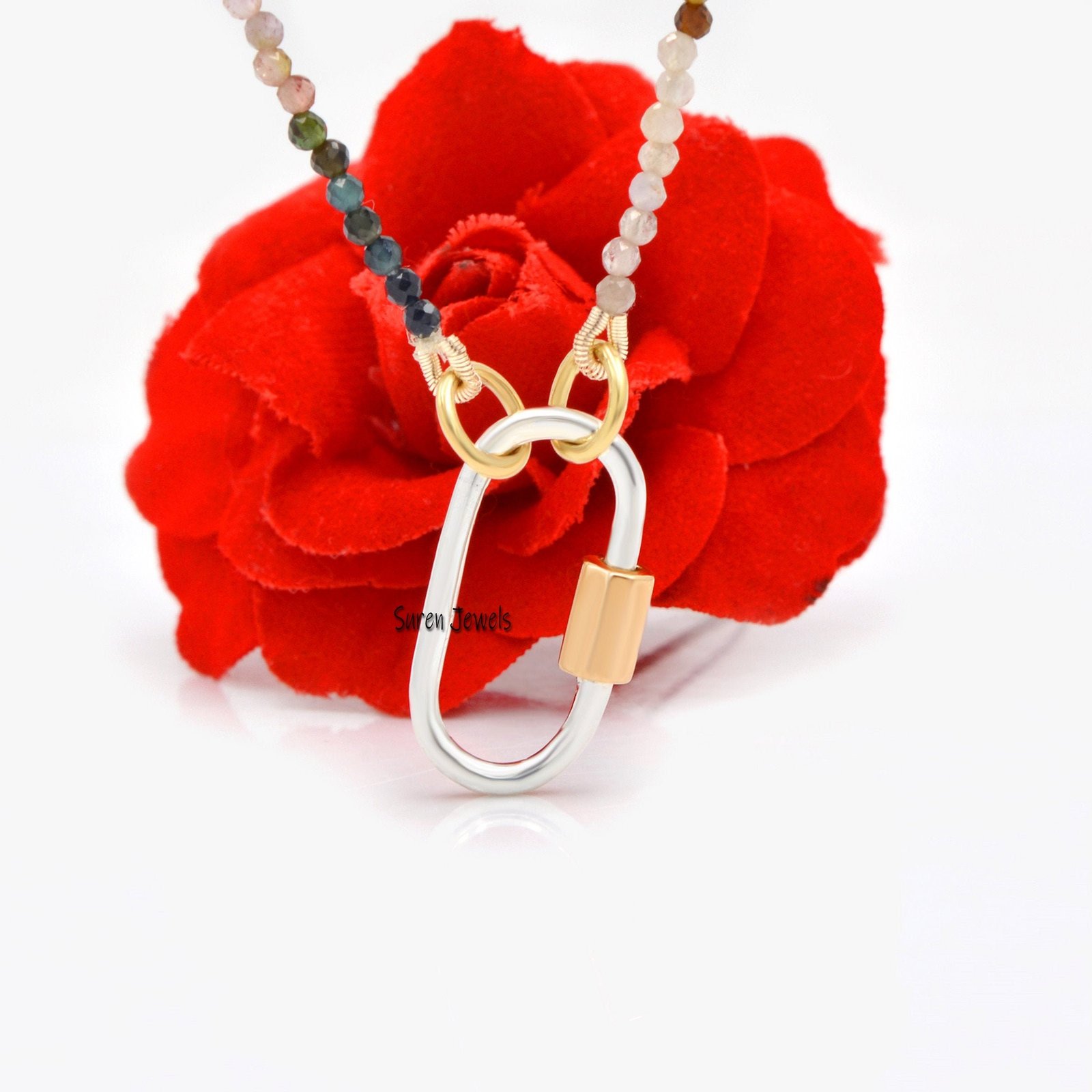 925 Silver Carabiner Lock: Gold Screw, Oval Jewelry Supplier - Suren Jewels | SKU: SJC130-SLNSYG-20M-N219-18I 925 Silver Carabiner Lock: Gold Screw, Oval Jewelry Supplier - Suren Jewels | SKU: SJC130-SLNSYG-20M-N219-18I