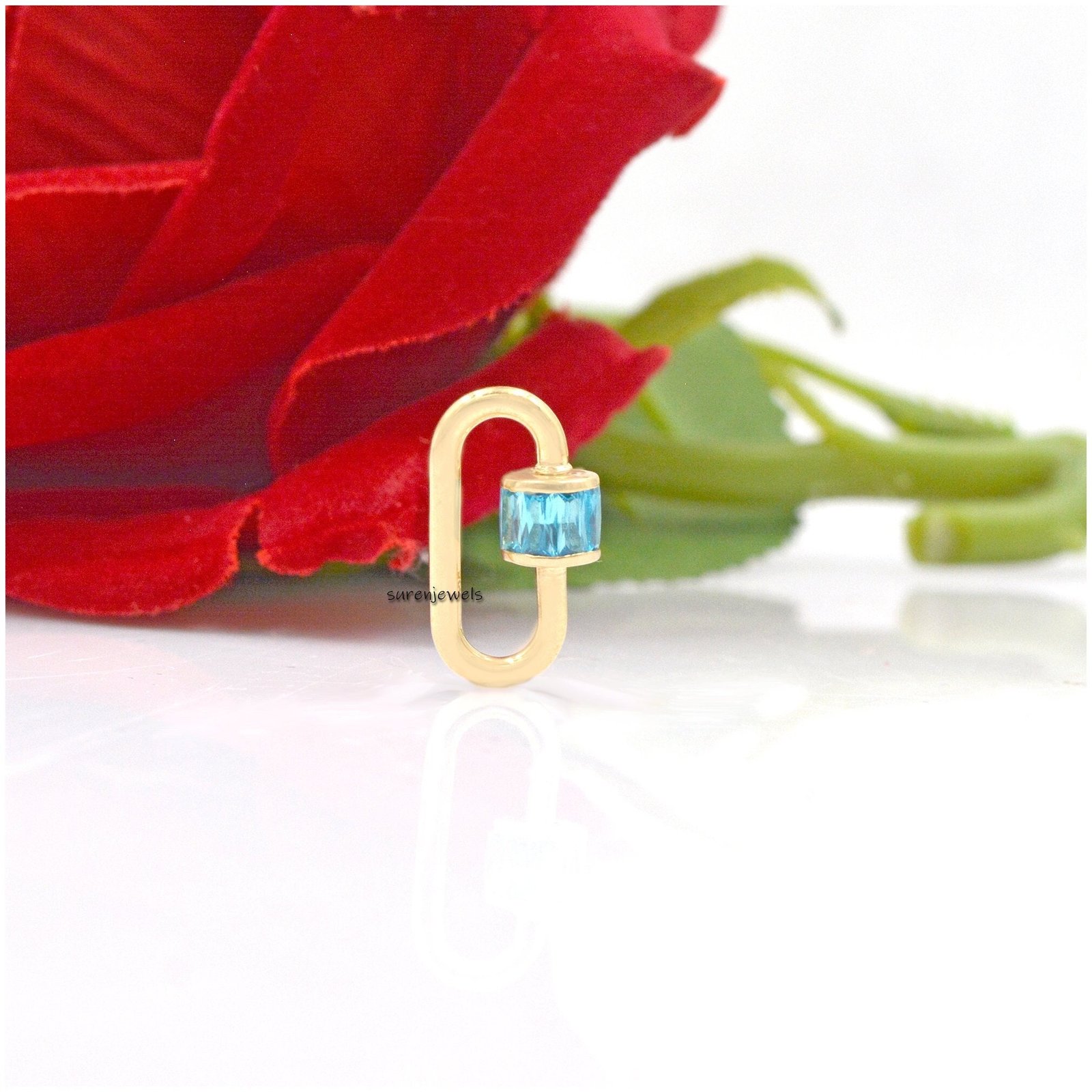925 Silver Carabiner Lock with Aquamarine Baguettes - Suren Jewels | SKU: SJC22- 925 Silver Carabiner Lock with Aquamarine Baguettes - Suren Jewels | SKU: SJC22-