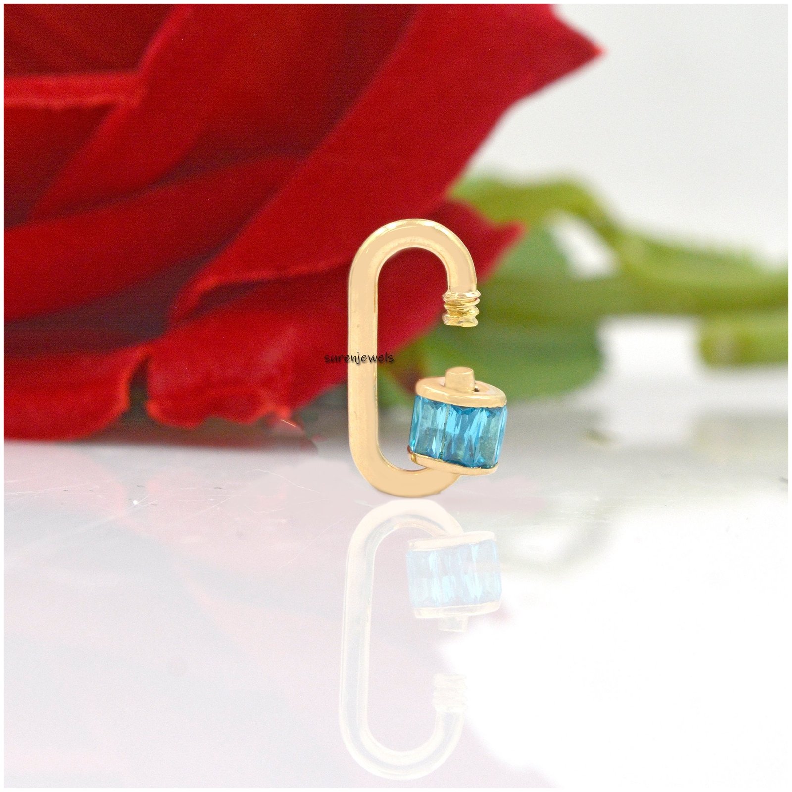 925 Silver Carabiner Lock with Aquamarine Baguettes - View 3 - Suren Jewels | SKU: SJC22- 925 Silver Carabiner Lock with Aquamarine Baguettes - View 3 - Suren Jewels | SKU: SJC22-