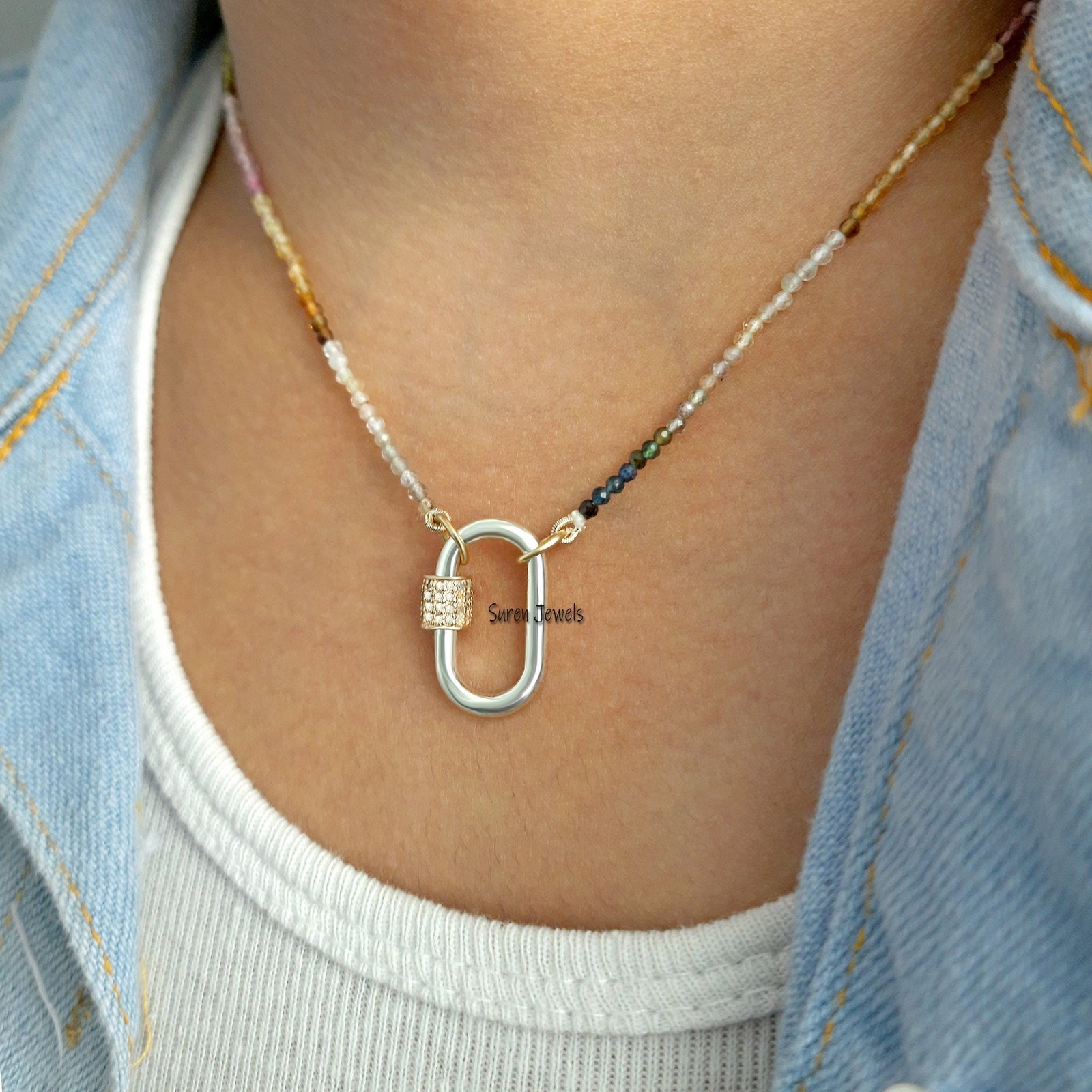 925 Silver Carabiner Necklace: Diamond Lock, Multi Tourmaline Beads - Suren Jewels | SKU: SJC05-SLNSYGDI-20M-N219-SLYGTL 925 Silver Carabiner Necklace: Diamond Lock, Multi Tourmaline Beads - Suren Jewels | SKU: SJC05-SLNSYGDI-20M-N219-SLYGTL