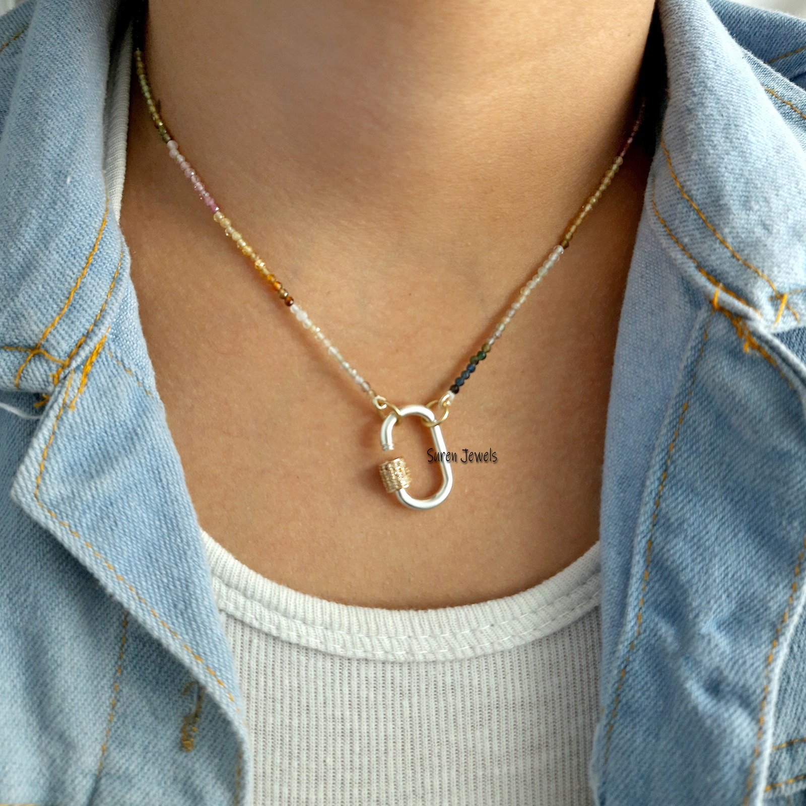925 Silver Carabiner Necklace: Diamond Lock, Multi Tourmaline Beads - View 2 - Suren Jewels | SKU: SJC05-SLNSYGDI-20M-N219-SL 925 Silver Carabiner Necklace: Diamond Lock, Multi Tourmaline Beads - View 2 - Suren Jewels | SKU: SJC05-SLNSYGDI-20M-N219-SL