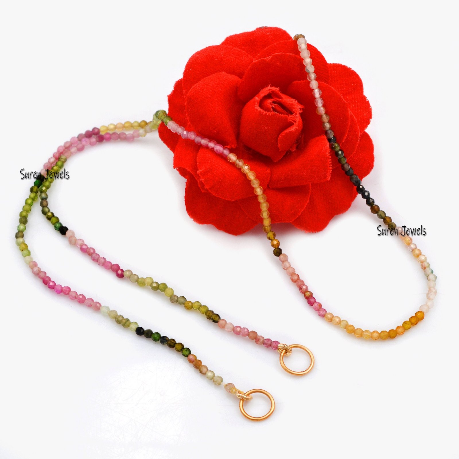 925 Silver Carabiner Necklace: Diamond Lock, Multi Tourmaline Beads - View 3 - Suren Jewels | SKU: SJC05-SLNSYGDI-20M-N219-SL 925 Silver Carabiner Necklace: Diamond Lock, Multi Tourmaline Beads - View 3 - Suren Jewels | SKU: SJC05-SLNSYGDI-20M-N219-SL