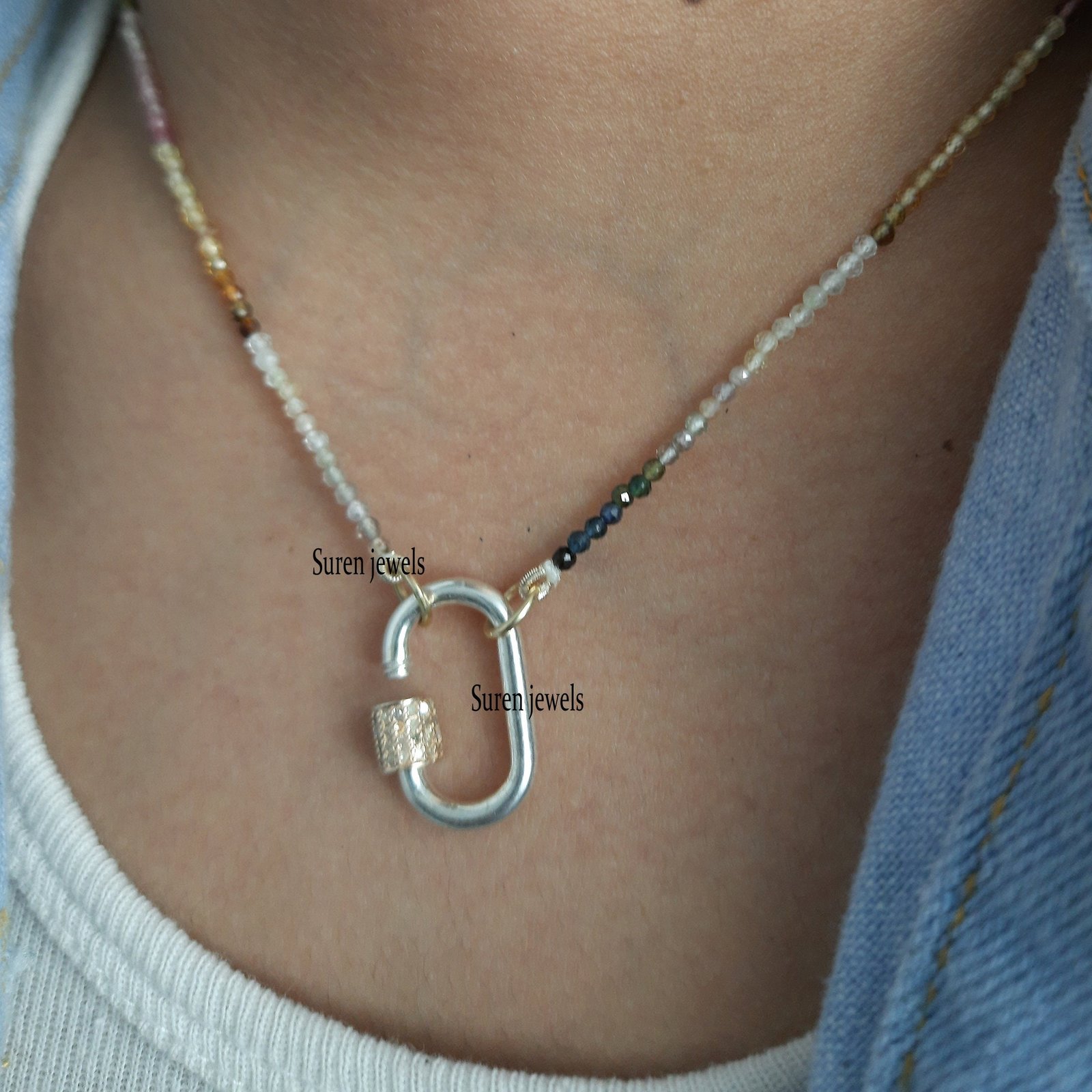 925 Silver Carabiner Necklace: Diamond Lock, Multi Tourmaline Beads - View 5 - Suren Jewels | SKU: SJC05-SLNSYGDI-20M-N219-SL 925 Silver Carabiner Necklace: Diamond Lock, Multi Tourmaline Beads - View 5 - Suren Jewels | SKU: SJC05-SLNSYGDI-20M-N219-SL