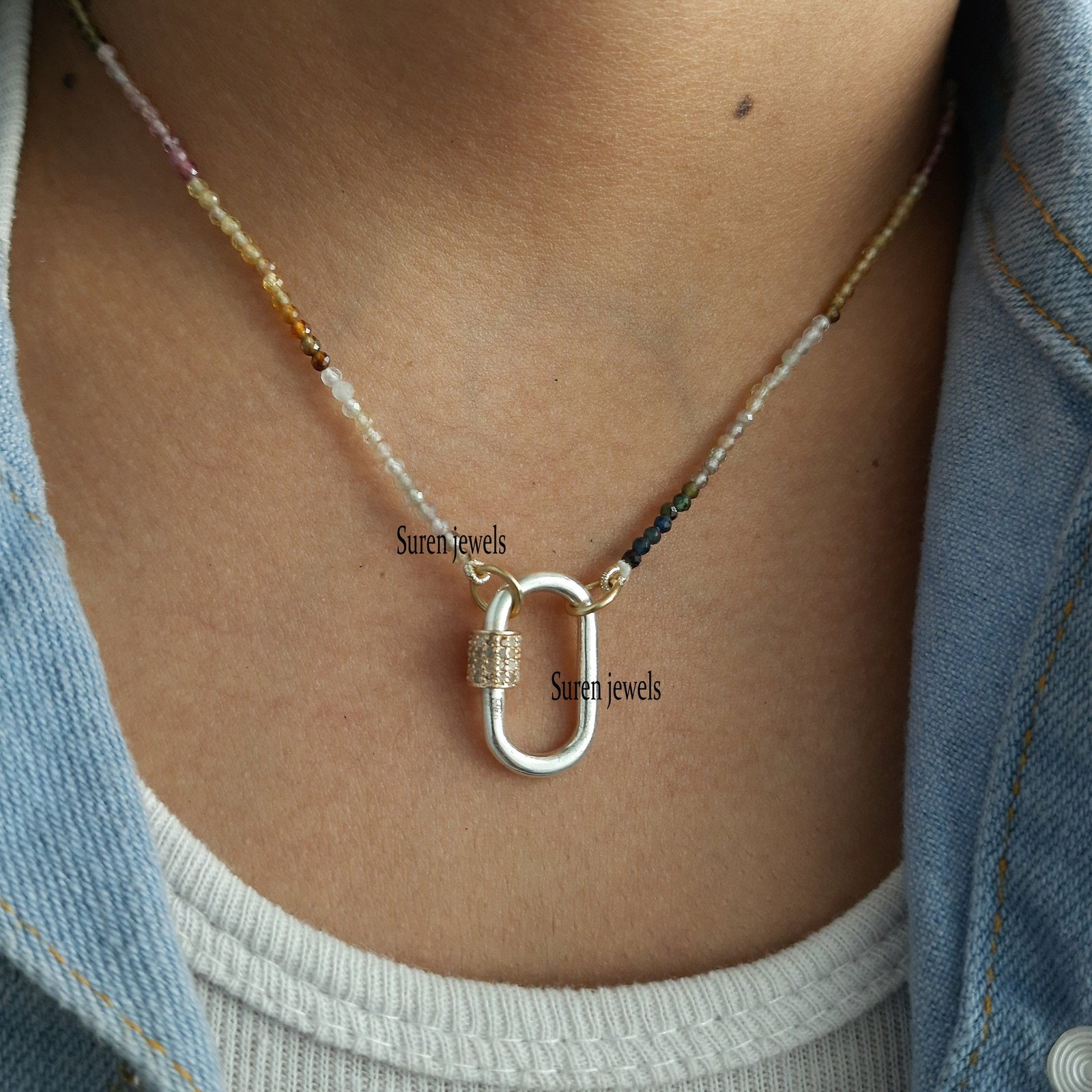 925 Silver Carabiner Necklace: Diamond Lock, Multi Tourmaline Beads - View 6 - Suren Jewels | SKU: SJC05-SLNSYGDI-20M-N219-SL 925 Silver Carabiner Necklace: Diamond Lock, Multi Tourmaline Beads - View 6 - Suren Jewels | SKU: SJC05-SLNSYGDI-20M-N219-SL
