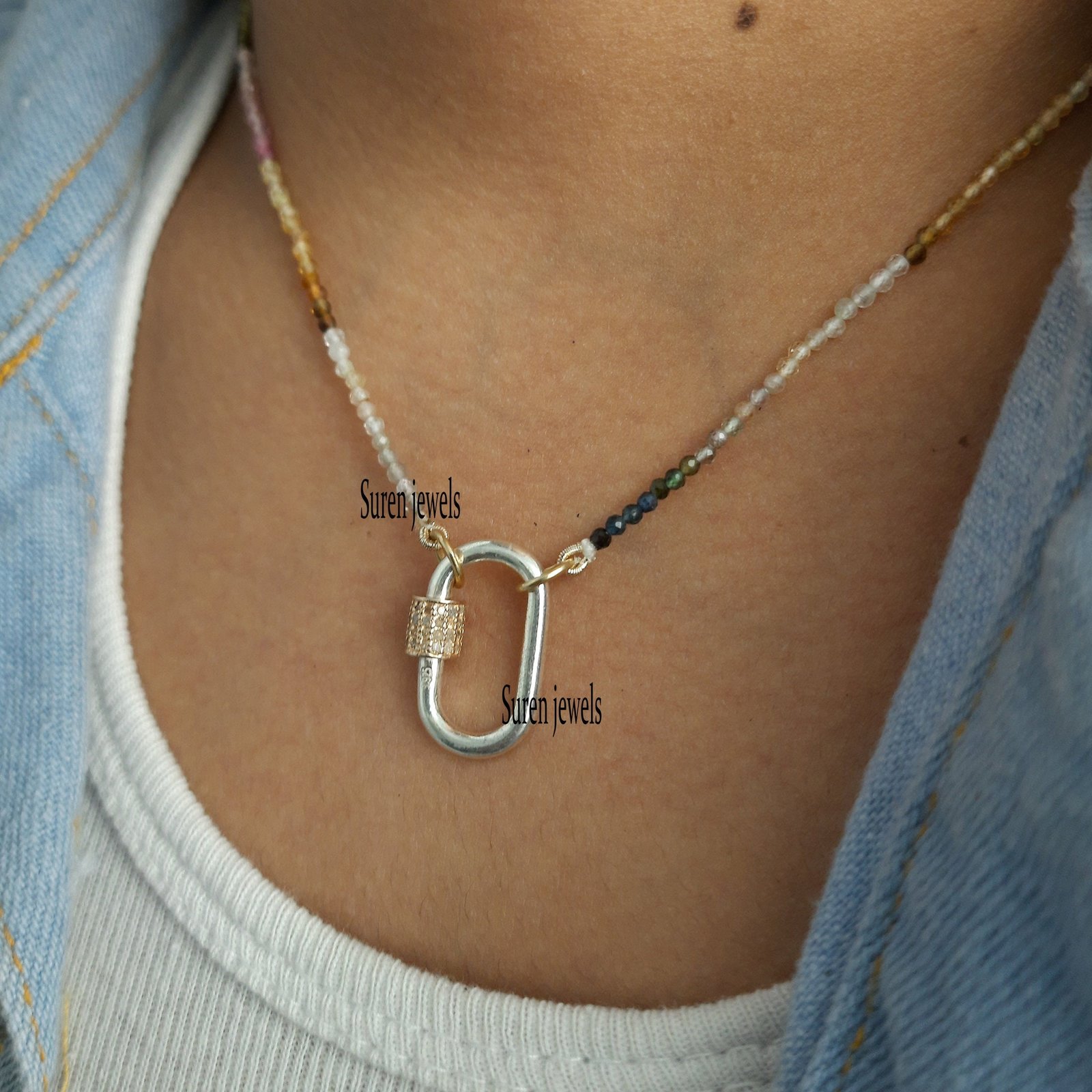 925 Silver Carabiner Necklace: Diamond Lock, Multi Tourmaline Beads - View 7 - Suren Jewels | SKU: SJC05-SLNSYGDI-20M-N219-SL 925 Silver Carabiner Necklace: Diamond Lock, Multi Tourmaline Beads - View 7 - Suren Jewels | SKU: SJC05-SLNSYGDI-20M-N219-SL