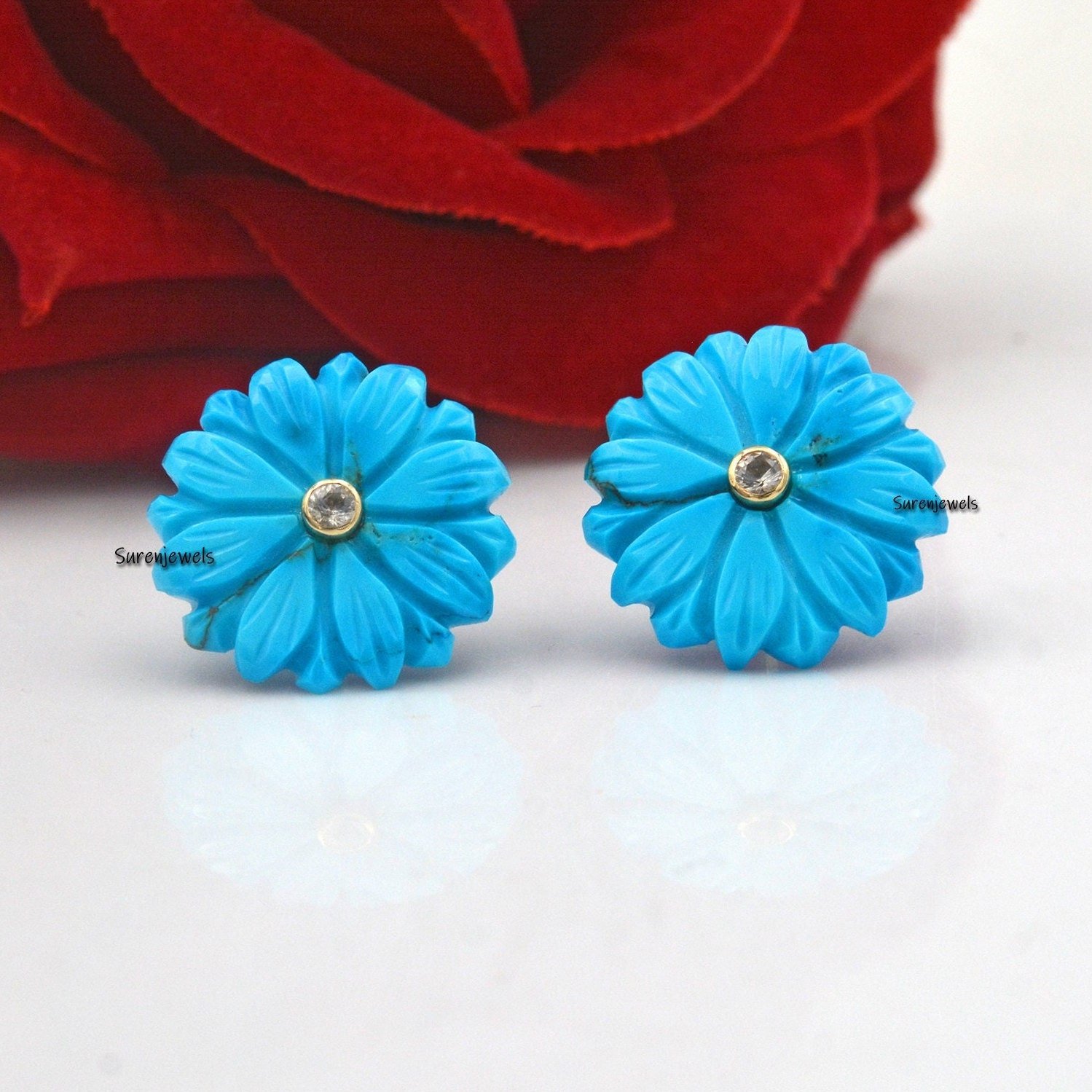 925 Silver Carved Turquoise Flower Studs: Carving Gemstone Earrings - Suren Jewels | SKU: SJE953-9KYGTQWT 925 Silver Carved Turquoise Flower Studs: Carving Gemstone Earrings - Suren Jewels | SKU: SJE953-9KYGTQWT