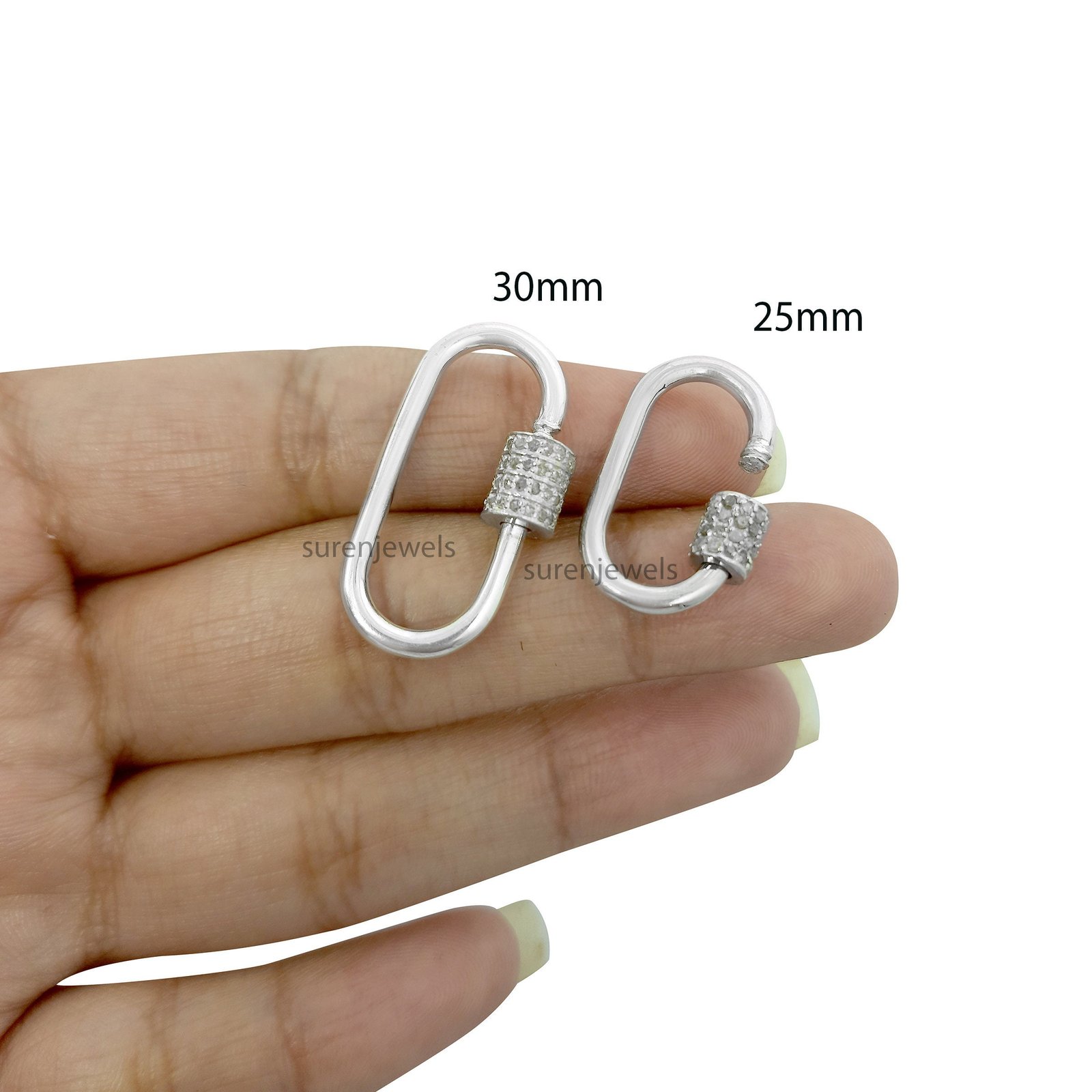925 Silver Diamond Carabiner Lock: Interlocking Screw Clasp - Suren Jewels | SKU: SJC05-SLWGD-25M 925 Silver Diamond Carabiner Lock: Interlocking Screw Clasp - Suren Jewels | SKU: SJC05-SLWGD-25M