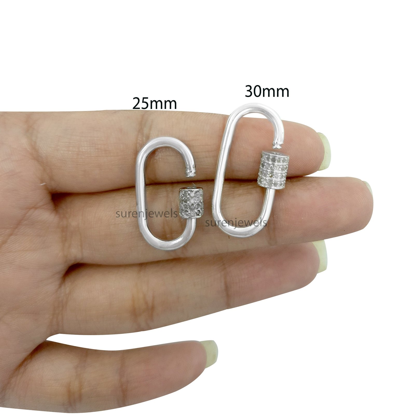 925 Silver Diamond Carabiner Lock: Interlocking Screw Clasp - View 2 - Suren Jewels | SKU: SJC05-SLWGD-25M 925 Silver Diamond Carabiner Lock: Interlocking Screw Clasp - View 2 - Suren Jewels | SKU: SJC05-SLWGD-25M
