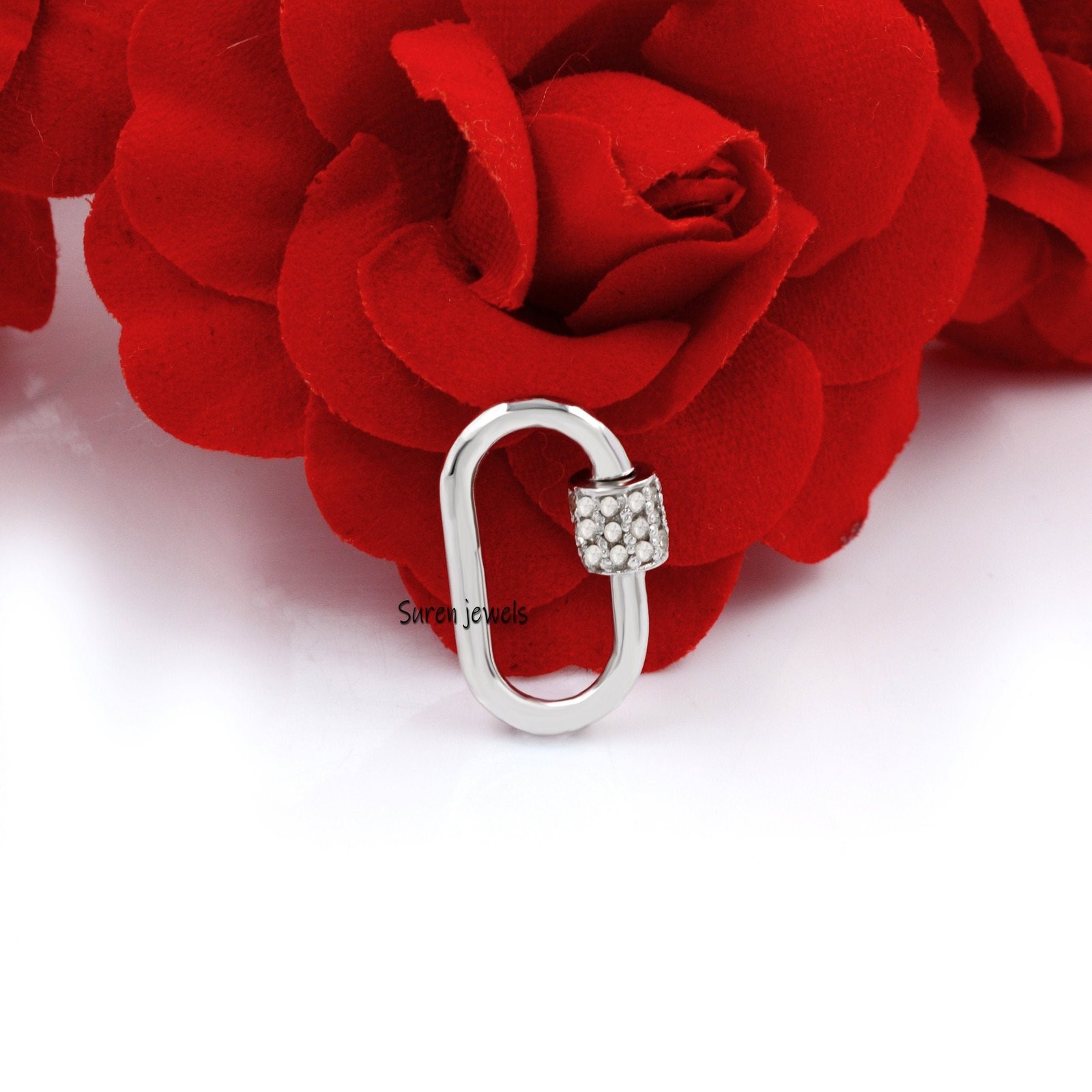 925 Silver Diamond Carabiner Lock - View 2 - Suren Jewels | SKU: SJC131-SLYGDI 925 Silver Diamond Carabiner Lock - View 2 - Suren Jewels | SKU: SJC131-SLYGDI