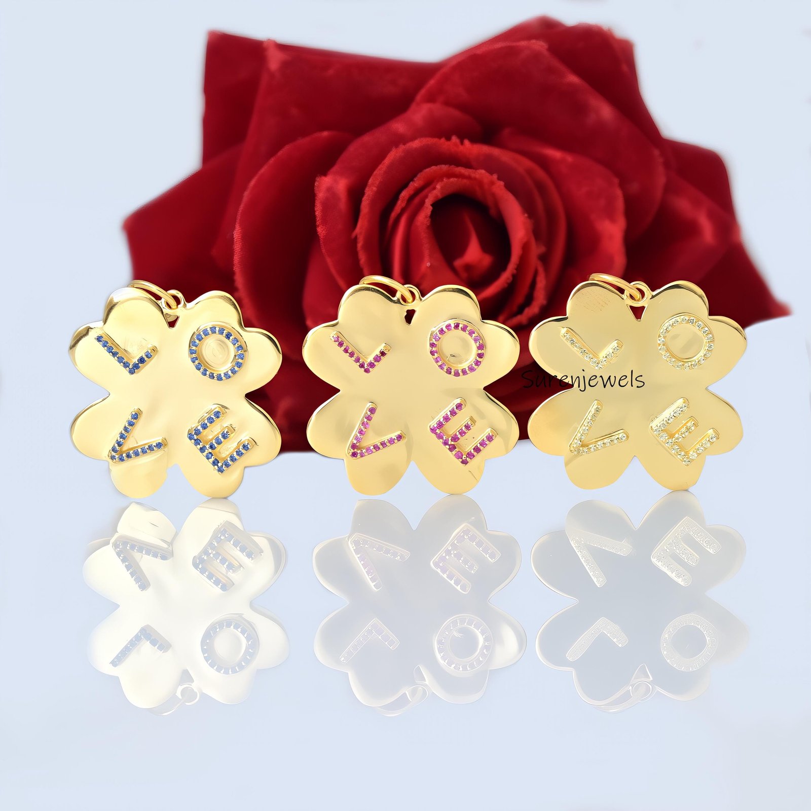 925 Silver Diamond Initial Clover Pendant 4 letter Flower - Suren Jewels | SKU: SJP1000 925 Silver Diamond Initial Clover Pendant 4 letter Flower - Suren Jewels | SKU: SJP1000