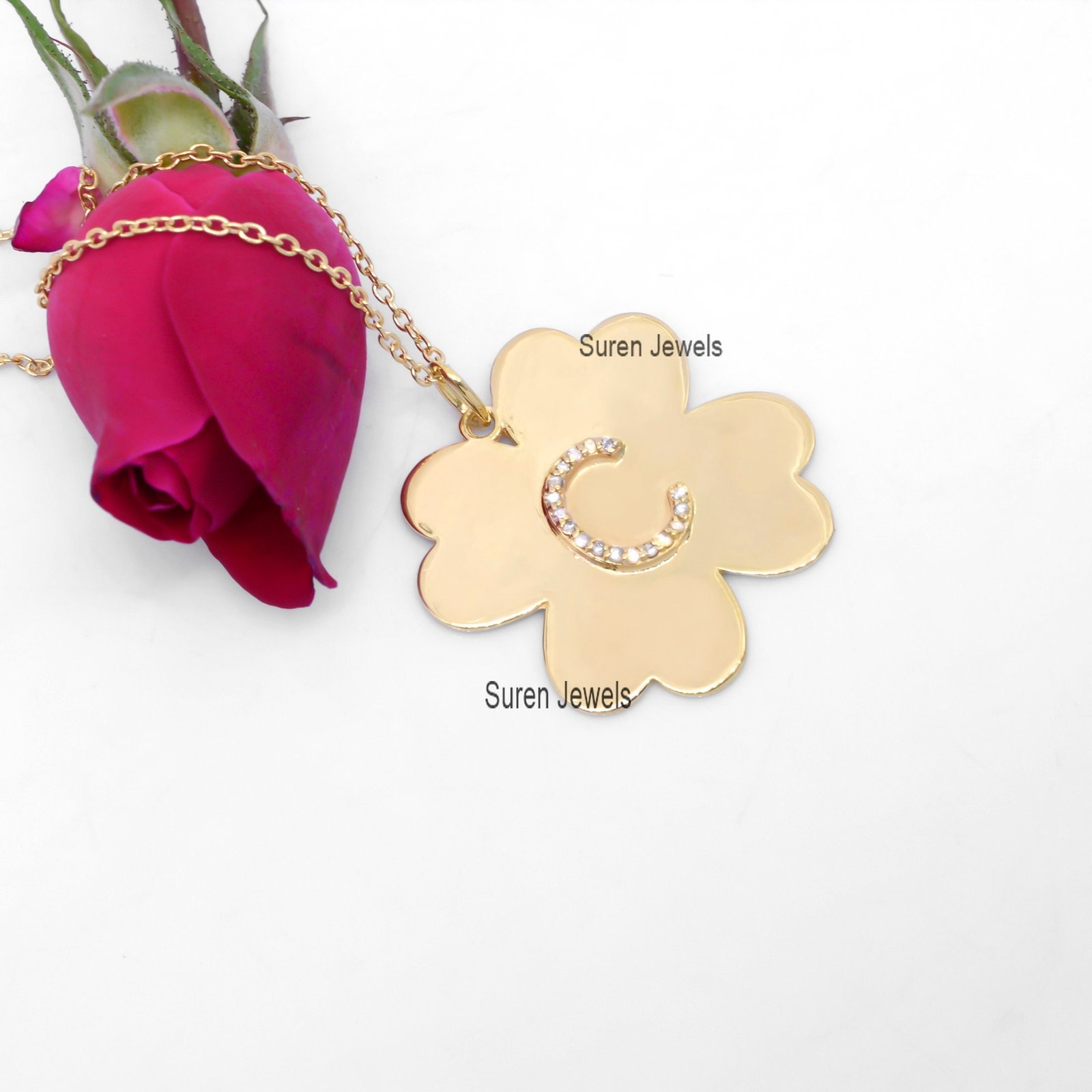 925 silver Diamond Initial Letter Clover Pendant Jewelry - View 6 - Suren Jewels | SKU: SJP11-SLWGDI-J-N47-18I-925 925 silver Diamond Initial Letter Clover Pendant Jewelry - View 6 - Suren Jewels | SKU: SJP11-SLWGDI-J-N47-18I-925