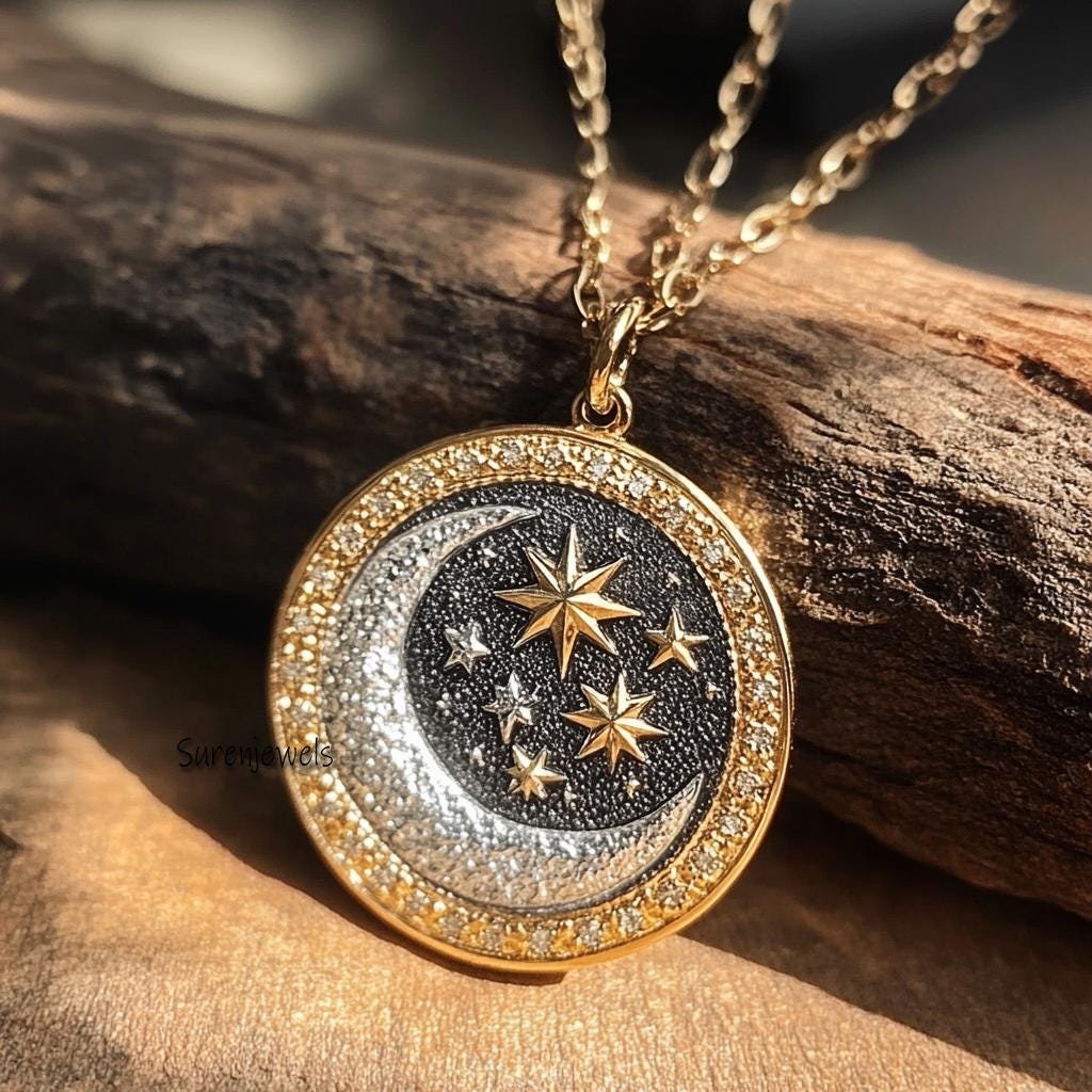 925 Silver Diamond Star Moon Disc Pendant: Celestial Charm - Suren Jewels | SKU: SJP4352-SLYGRHNSCZ-25M,SJP 925 Silver Diamond Star Moon Disc Pendant: Celestial Charm - Suren Jewels | SKU: SJP4352-SLYGRHNSCZ-25M,SJP