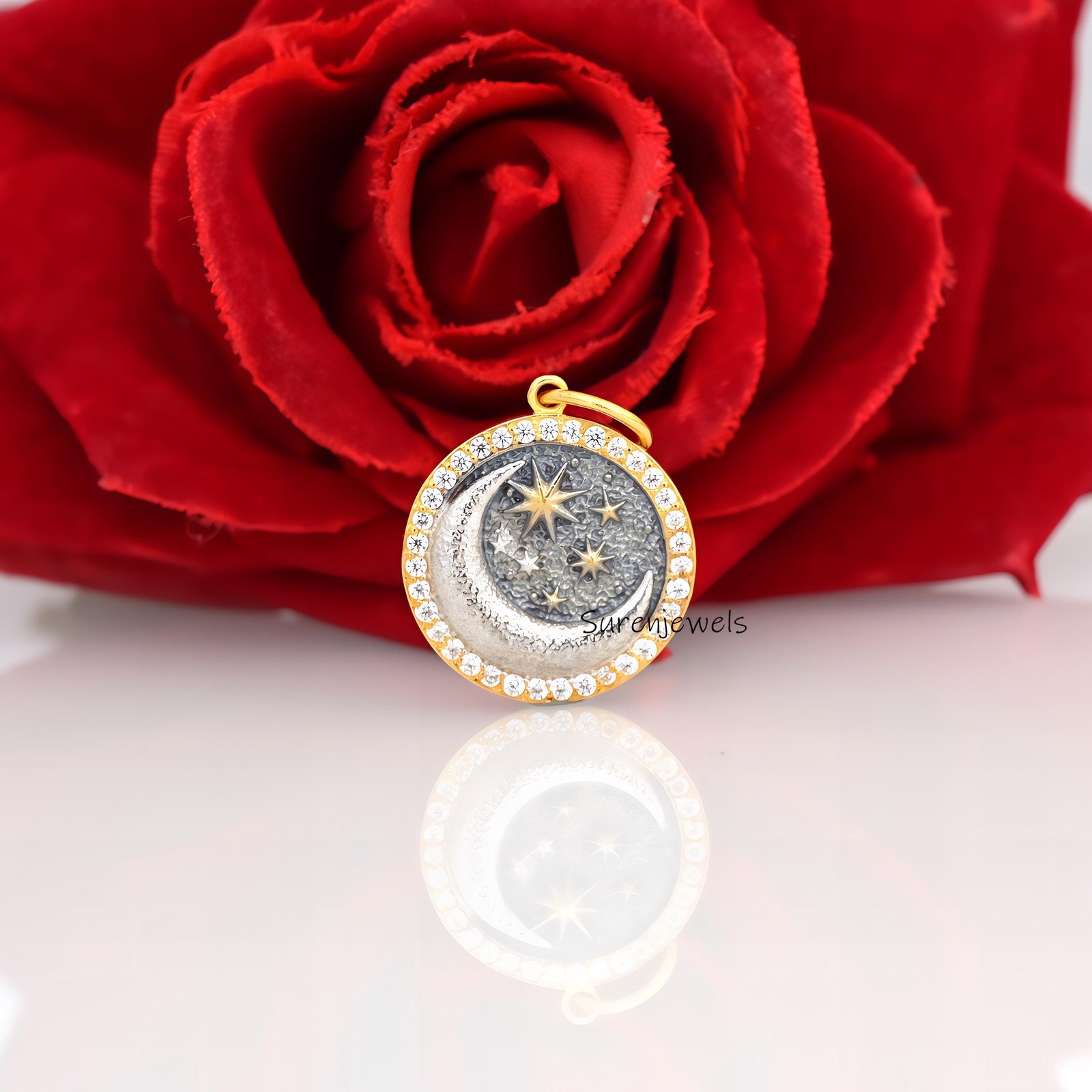 925 Silver Diamond Star Moon Disc Pendant: Celestial Charm - View 3 - Suren Jewels | SKU: SJP4352-SLYGRHNSCZ-25M,SJP 925 Silver Diamond Star Moon Disc Pendant: Celestial Charm - View 3 - Suren Jewels | SKU: SJP4352-SLYGRHNSCZ-25M,SJP
