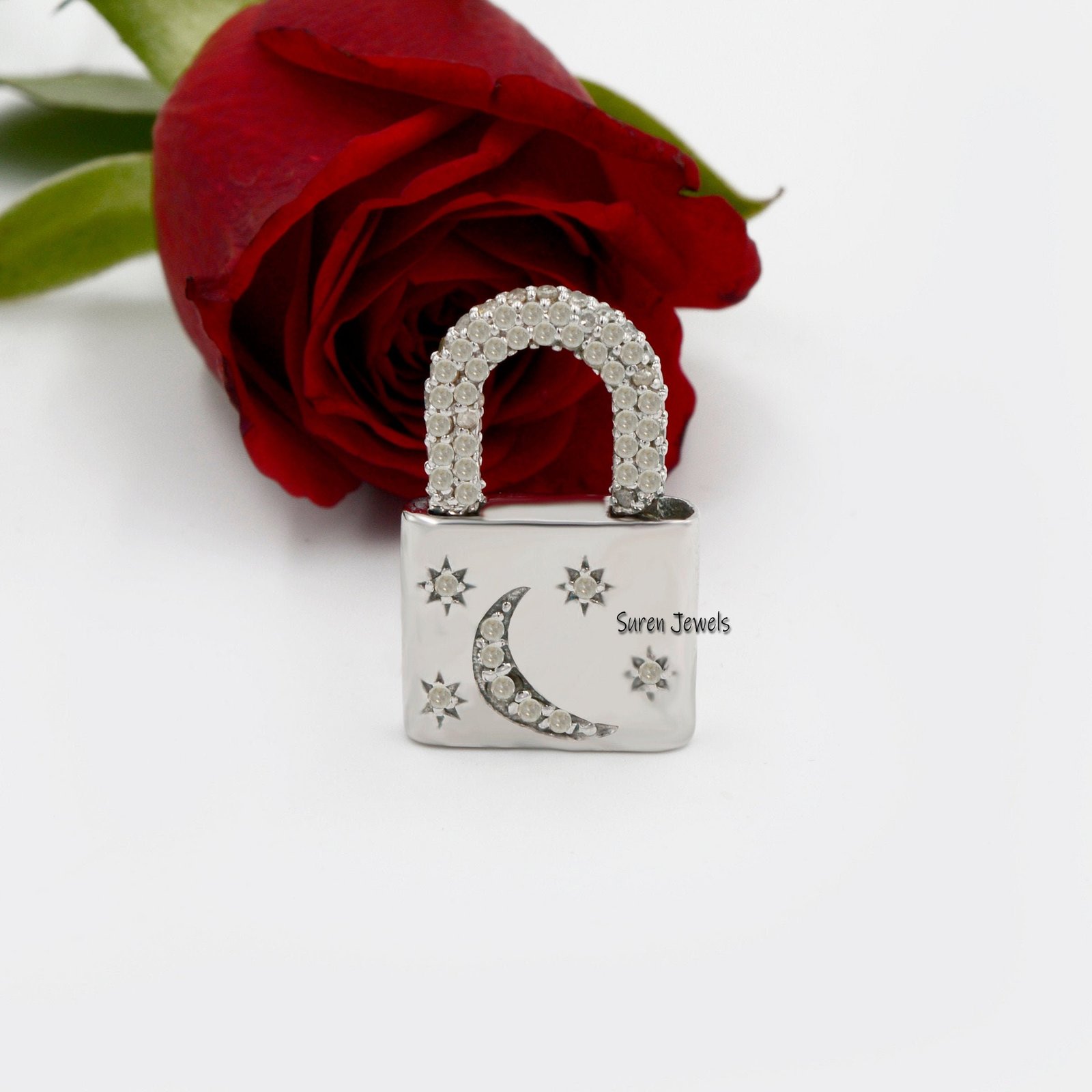 925 Silver Diamond Star Moon Padlock Pendant: Handmade Pave Charm - Suren Jewels | SKU: SJP43-SLYGCZ 925 Silver Diamond Star Moon Padlock Pendant: Handmade Pave Charm - Suren Jewels | SKU: SJP43-SLYGCZ