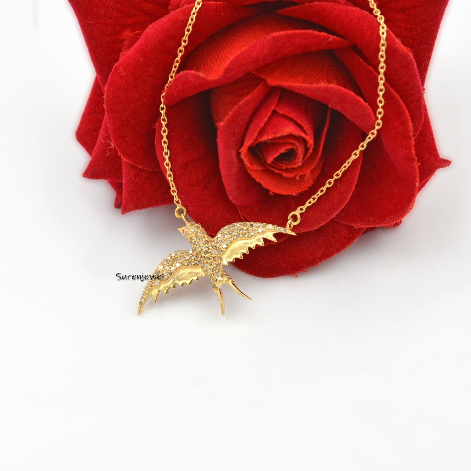 925 Silver Diamond Swallow Pendant: Gemstone Bird Charm - Suren Jewels | SKU: SJN638-SLYGDIRU-14I 925 Silver Diamond Swallow Pendant: Gemstone Bird Charm - Suren Jewels | SKU: SJN638-SLYGDIRU-14I