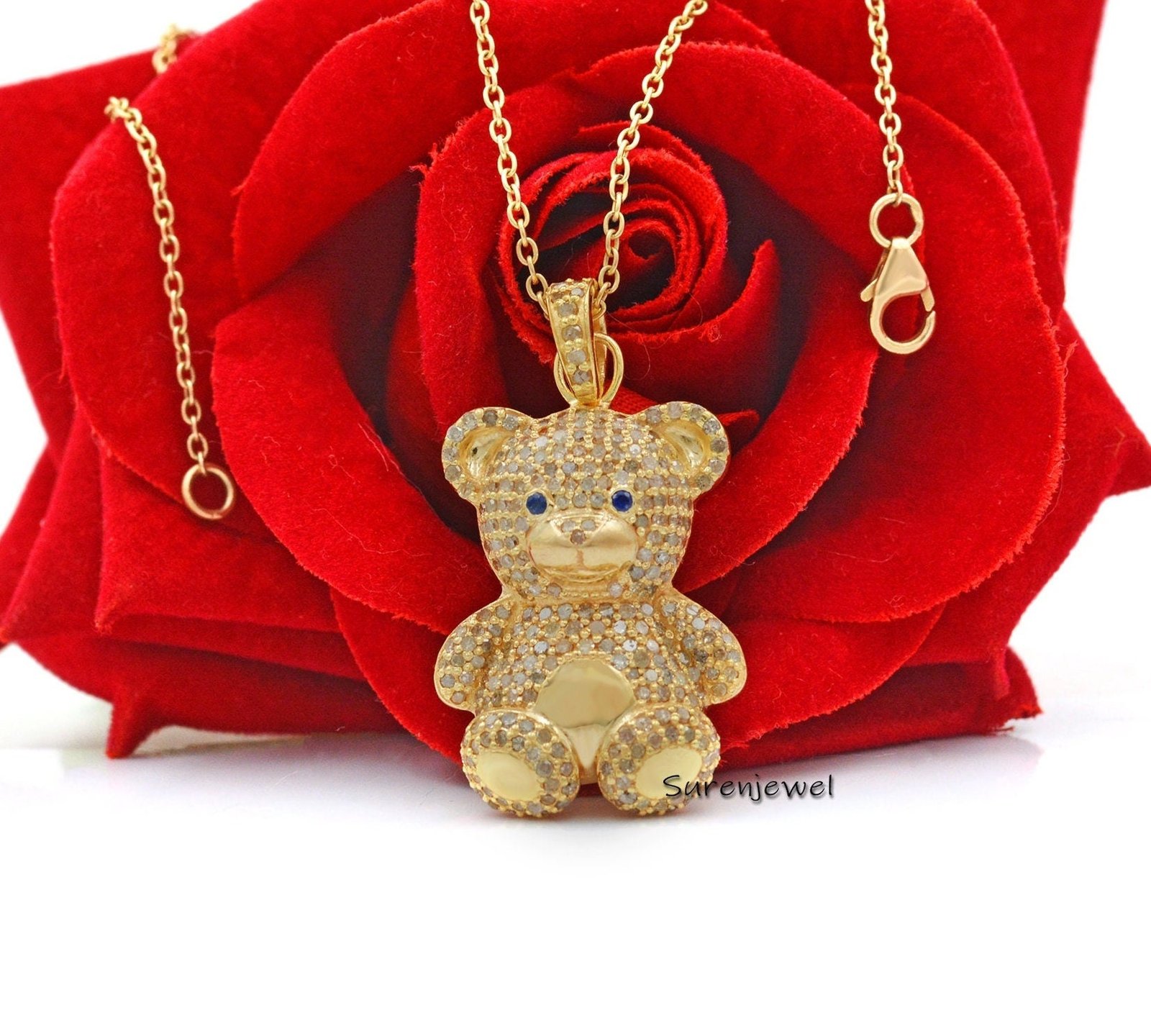 925 Silver Diamond Teddy Bear Pendant: Puffed Gummy Charm - Suren Jewels | SKU: SJP105-SLYGCZBSP-N41-18I-925 925 Silver Diamond Teddy Bear Pendant: Puffed Gummy Charm - Suren Jewels | SKU: SJP105-SLYGCZBSP-N41-18I-925