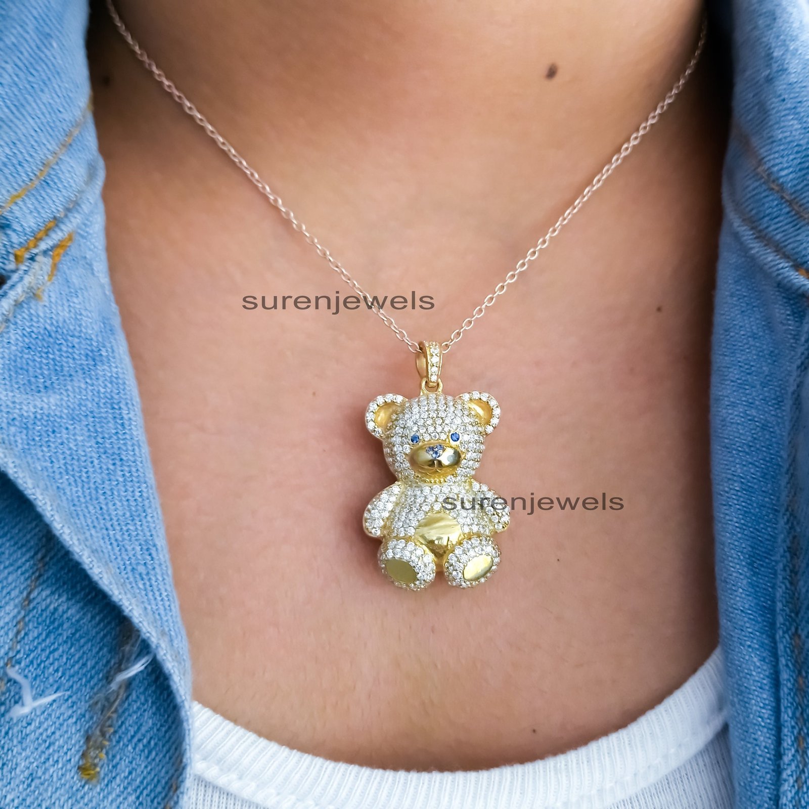 925 Silver Diamond Teddy Bear Pendant: Puffed Gummy Charm - View 4 - Suren Jewels | SKU: SJP105-SLYGCZBSP-N41-18I-925 925 Silver Diamond Teddy Bear Pendant: Puffed Gummy Charm - View 4 - Suren Jewels | SKU: SJP105-SLYGCZBSP-N41-18I-925