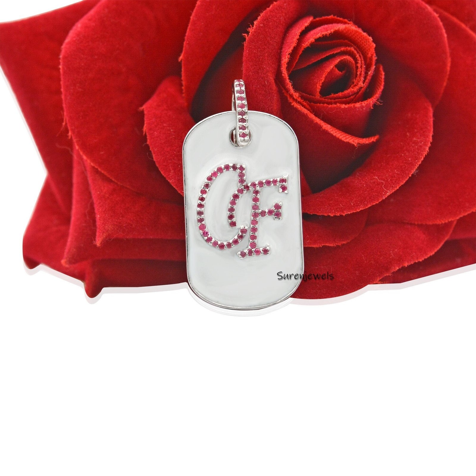 925 Silver Dog Tag Pendant: Diamond Letter Monogram - Suren Jewels | SKU: SJP164-SLYGCZ-SM 925 Silver Dog Tag Pendant: Diamond Letter Monogram - Suren Jewels | SKU: SJP164-SLYGCZ-SM