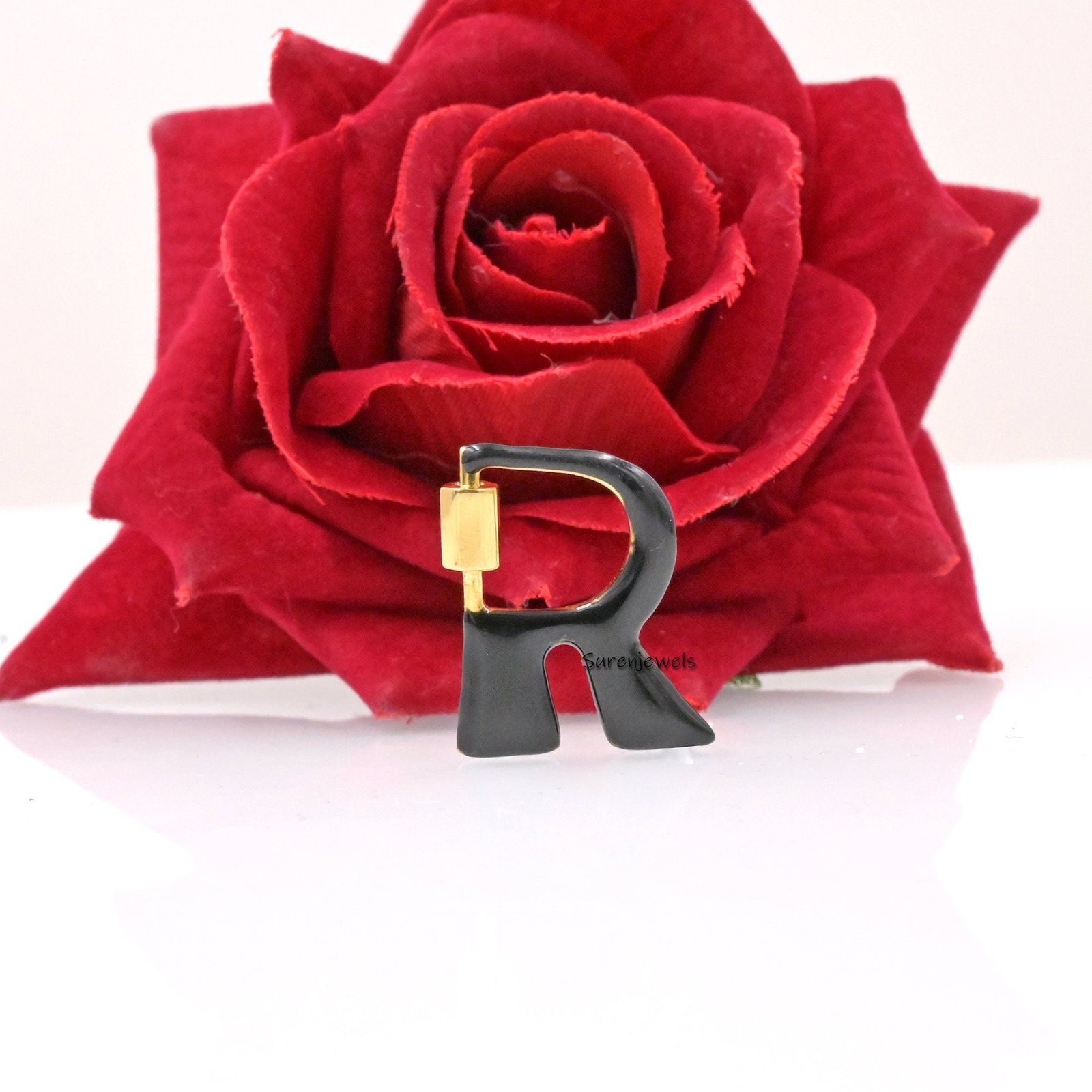 925 Silver Enamel Alphabet Carabiner Lock: Custom Letter Necklace - View 3 - Suren Jewels | SKU: SJC88-SLYG-M-N22-18I 925 Silver Enamel Alphabet Carabiner Lock: Custom Letter Necklace - View 3 - Suren Jewels | SKU: SJC88-SLYG-M-N22-18I