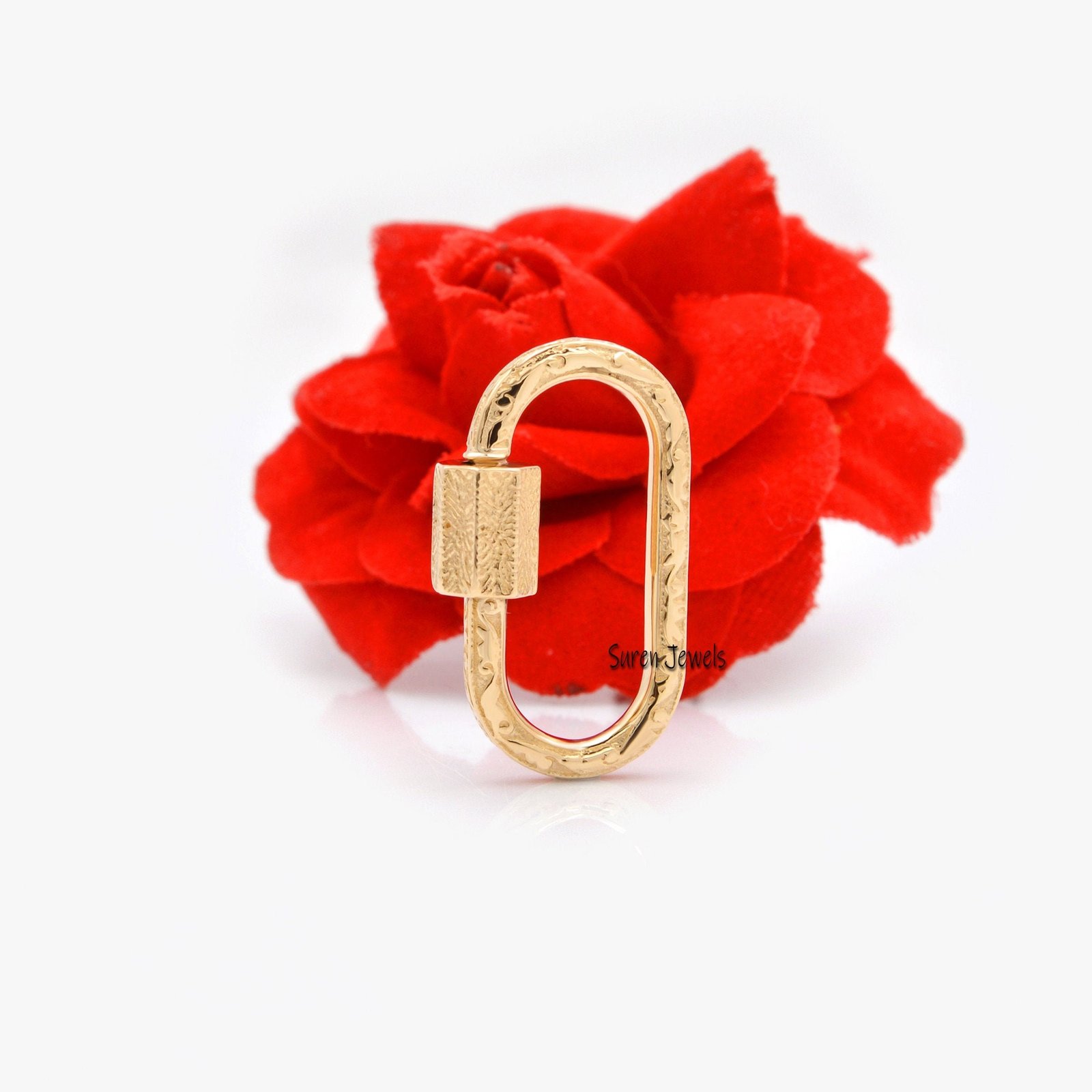 925 Silver Engraved Carabiner Lock: Designer Pendant - Suren Jewels | SKU: SJC108-SLYG-50M 925 Silver Engraved Carabiner Lock: Designer Pendant - Suren Jewels | SKU: SJC108-SLYG-50M