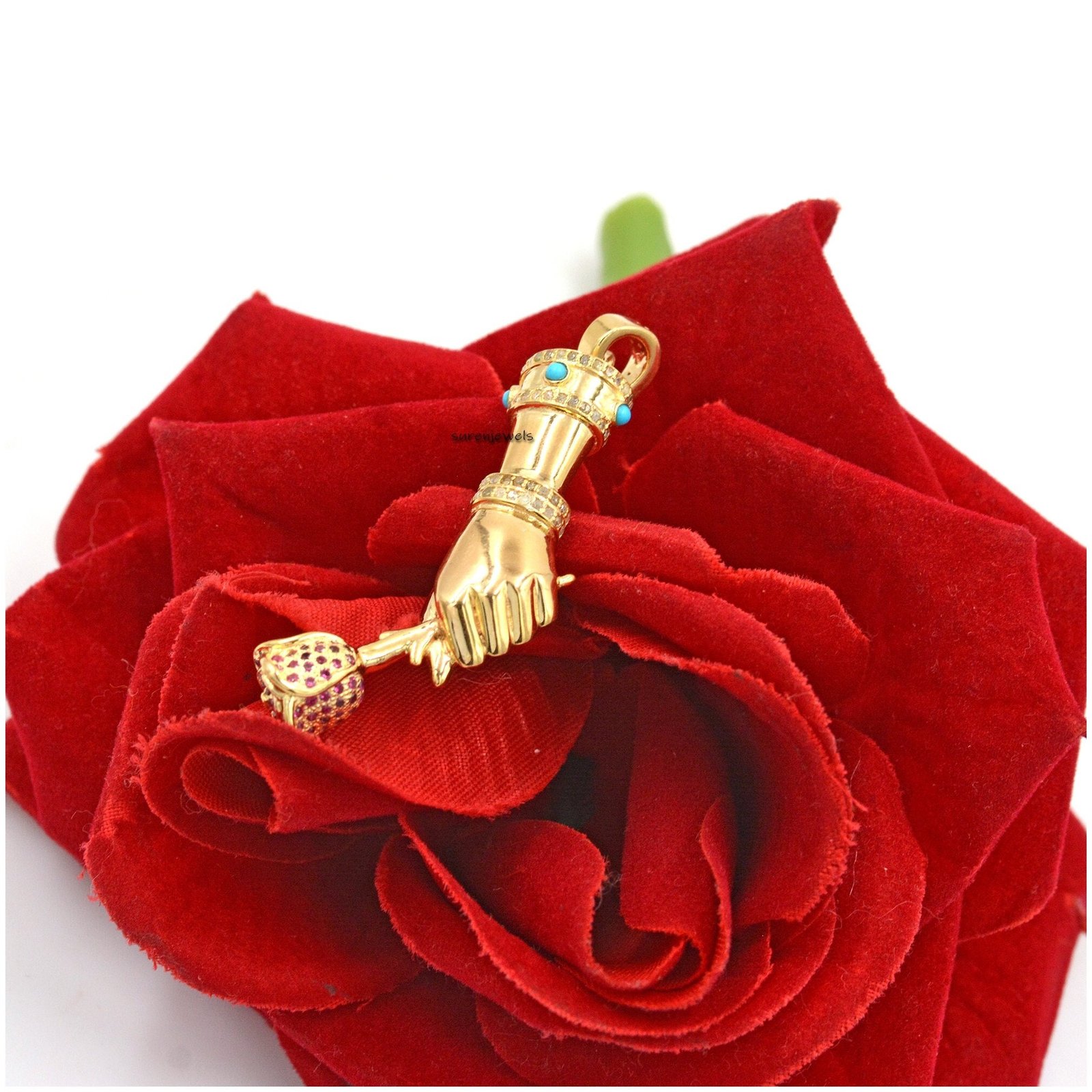 925 Silver Figa Pendant: Diamond, Ruby & Turquoise Gemstone Charm - Suren Jewels | SKU: SJP24-SLYGDITQRU-N41-18I 925 Silver Figa Pendant: Diamond, Ruby & Turquoise Gemstone Charm - Suren Jewels | SKU: SJP24-SLYGDITQRU-N41-18I