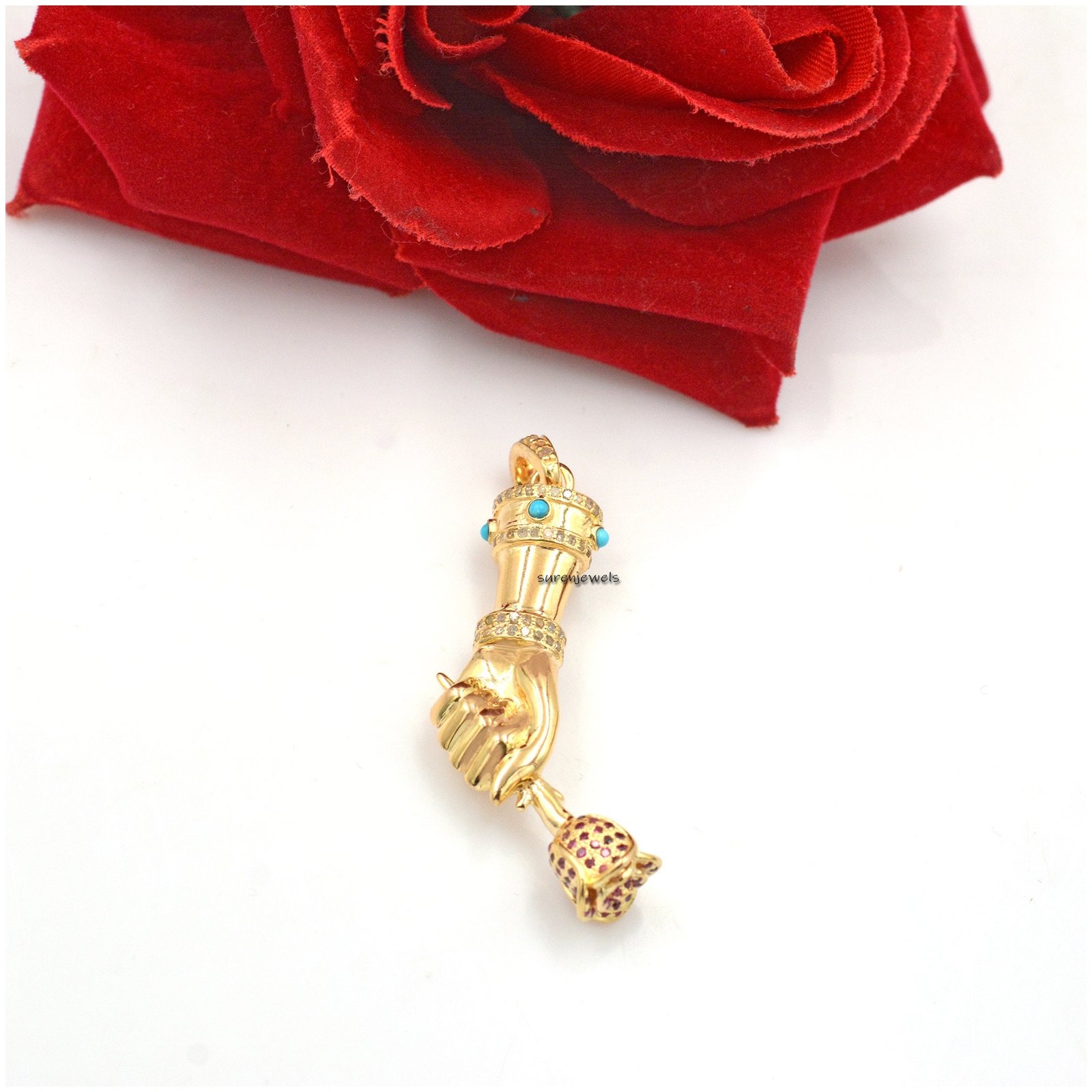 925 Silver Figa Pendant: Diamond, Ruby & Turquoise Gemstone Charm - View 2 - Suren Jewels | SKU: SJP24-SLYGDITQRU-N41-18I 925 Silver Figa Pendant: Diamond, Ruby & Turquoise Gemstone Charm - View 2 - Suren Jewels | SKU: SJP24-SLYGDITQRU-N41-18I