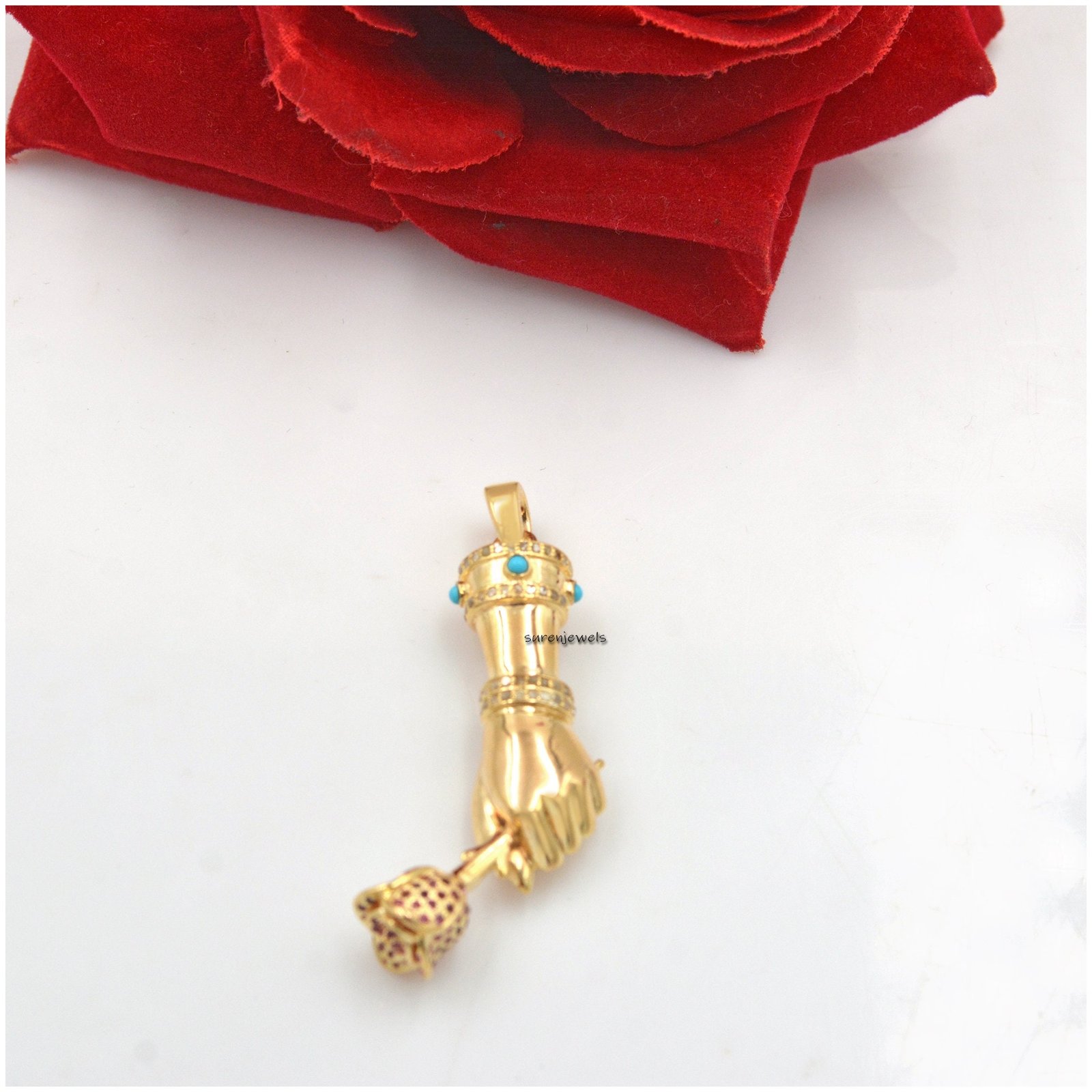 925 Silver Figa Pendant: Diamond, Ruby & Turquoise Gemstone Charm - View 3 - Suren Jewels | SKU: SJP24-SLYGDITQRU-N41-18I 925 Silver Figa Pendant: Diamond, Ruby & Turquoise Gemstone Charm - View 3 - Suren Jewels | SKU: SJP24-SLYGDITQRU-N41-18I