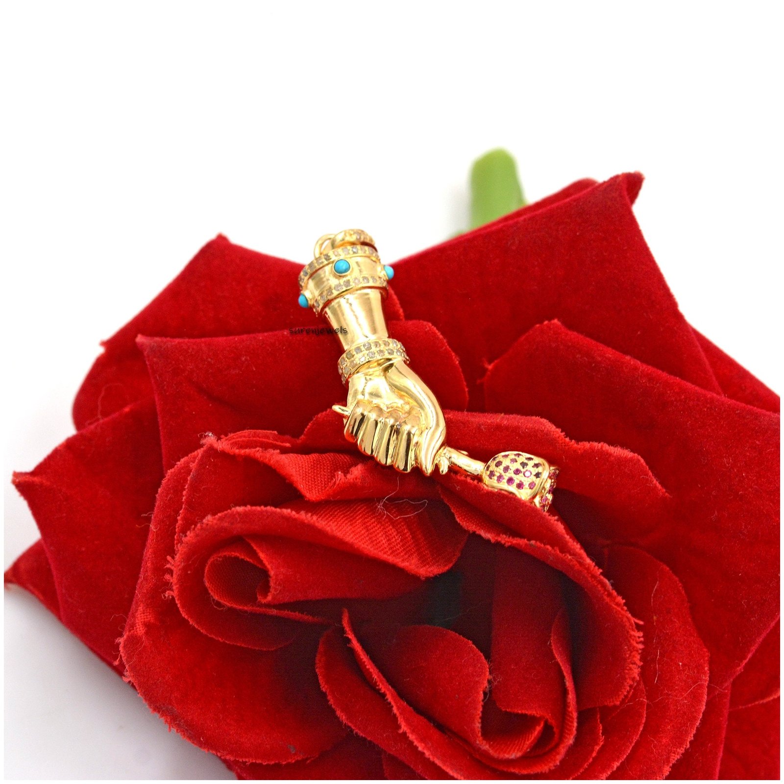 925 Silver Figa Pendant: Diamond, Ruby & Turquoise Gemstone Charm - View 4 - Suren Jewels | SKU: SJP24-SLYGDITQRU-N41-18I 925 Silver Figa Pendant: Diamond, Ruby & Turquoise Gemstone Charm - View 4 - Suren Jewels | SKU: SJP24-SLYGDITQRU-N41-18I