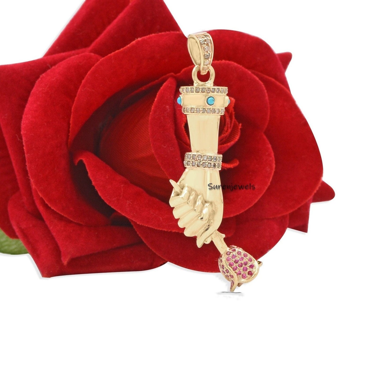 925 Silver Figa Pendant: Diamond, Ruby & Turquoise Gemstone Charm - View 5 - Suren Jewels | SKU: SJP24-SLYGDITQRU-N41-18I 925 Silver Figa Pendant: Diamond, Ruby & Turquoise Gemstone Charm - View 5 - Suren Jewels | SKU: SJP24-SLYGDITQRU-N41-18I