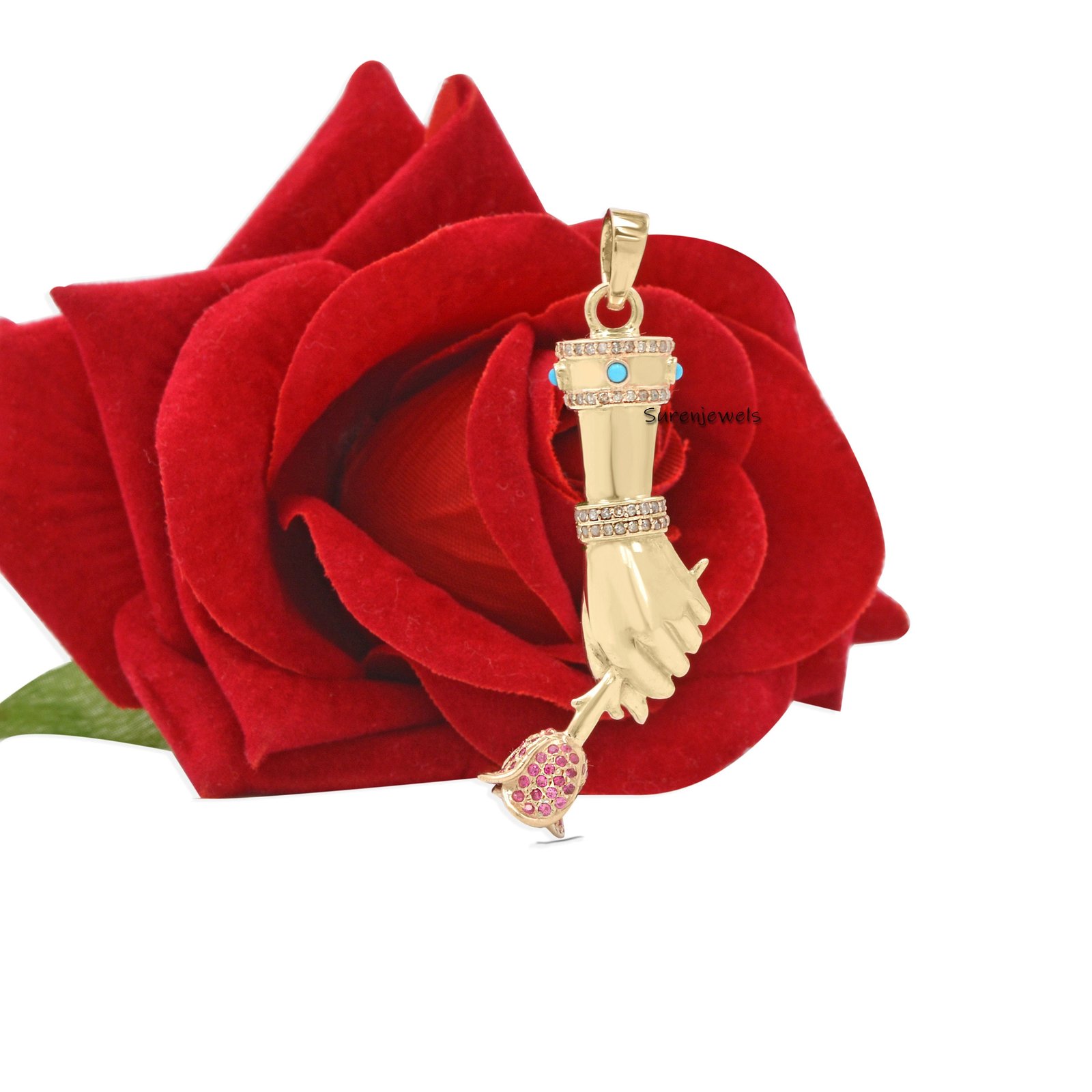 925 Silver Figa Pendant: Diamond, Ruby & Turquoise Gemstone Charm - View 6 - Suren Jewels | SKU: SJP24-SLYGDITQRU-N41-18I 925 Silver Figa Pendant: Diamond, Ruby & Turquoise Gemstone Charm - View 6 - Suren Jewels | SKU: SJP24-SLYGDITQRU-N41-18I