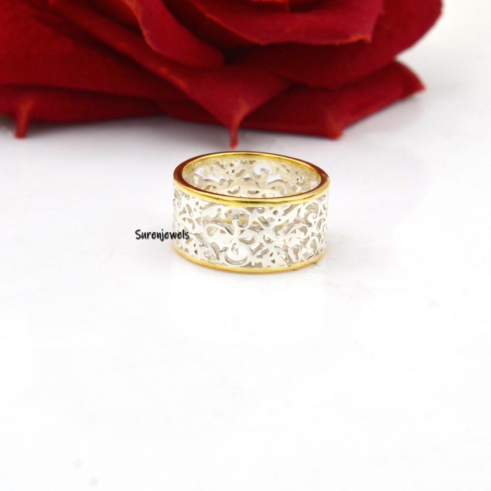 925 Silver Floral Filigree Cigar Band Ring - Suren Jewels | SKU: SJR831-SLNSYG-US-5 925 Silver Floral Filigree Cigar Band Ring - Suren Jewels | SKU: SJR831-SLNSYG-US-5