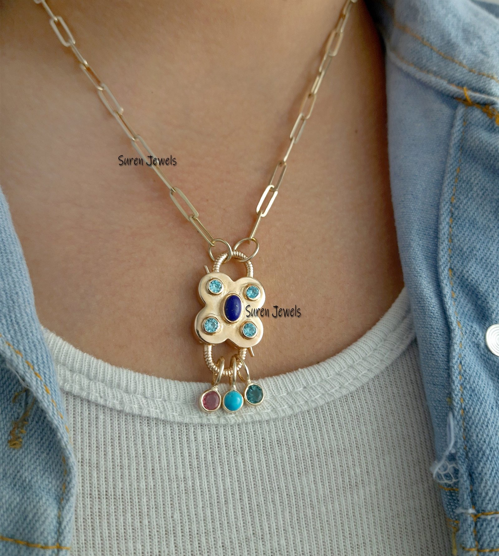 925 Silver Gemstone Padlock Pendant: Lapis, Turquoise Drop Necklace - Suren Jewels | SKU: SJP65-SJP468-SJN47-18I 925 Silver Gemstone Padlock Pendant: Lapis, Turquoise Drop Necklace - Suren Jewels | SKU: SJP65-SJP468-SJN47-18I
