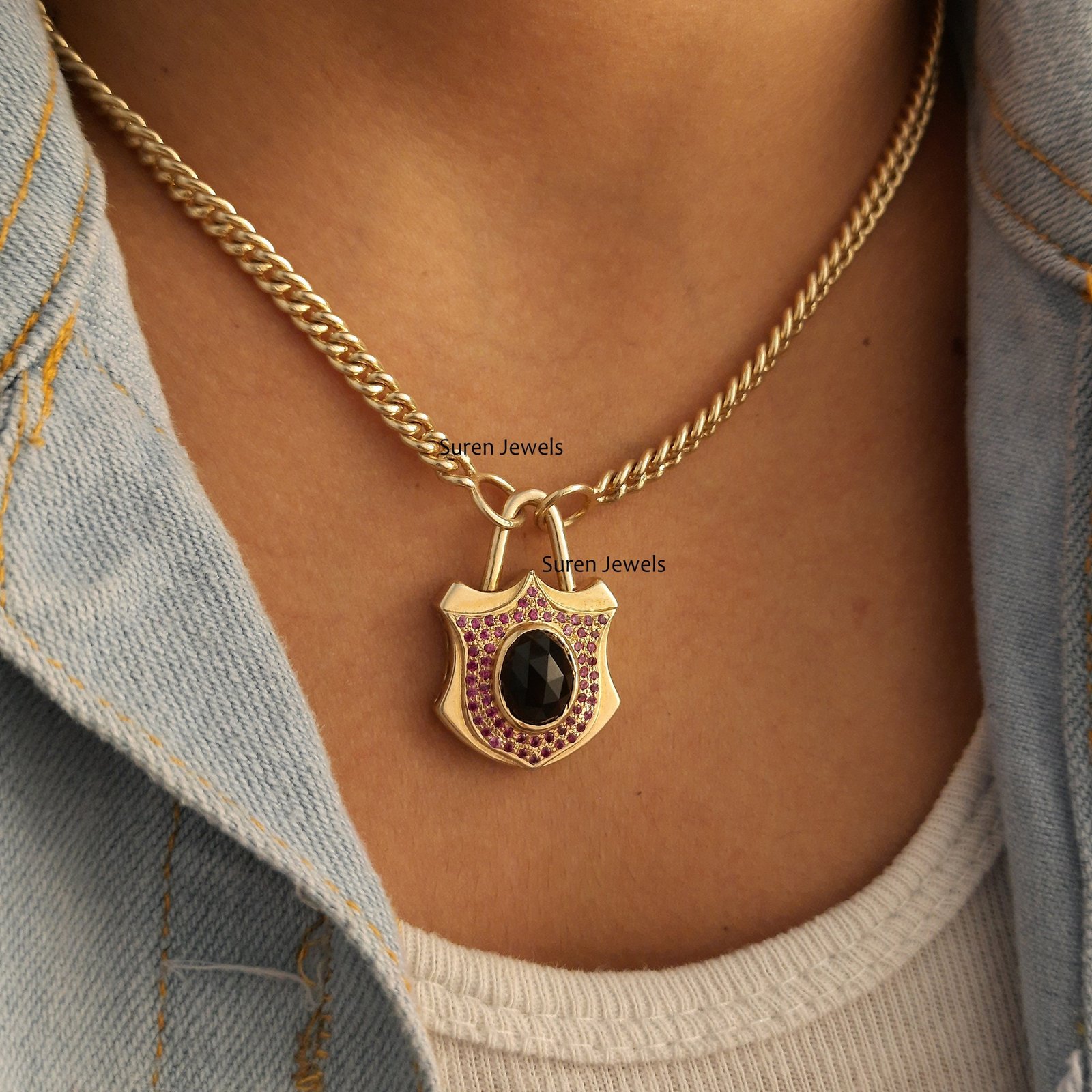 925 Silver Gemstone Padlock Pendant: Openable Designer Vintage Charm - View 3 - Suren Jewels | SKU: SJP70-SLYGPSPBO-N22-18I 925 Silver Gemstone Padlock Pendant: Openable Designer Vintage Charm - View 3 - Suren Jewels | SKU: SJP70-SLYGPSPBO-N22-18I