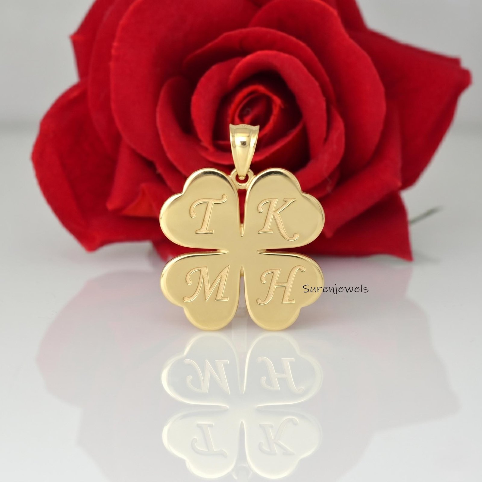 925 Silver Gold Plated Clover Pendant, 4-letter Initial Pendant Jewelry - View 2 - Suren Jewels | SKU: SJP 925 Silver Gold Plated Clover Pendant, 4-letter Initial Pendant Jewelry - View 2 - Suren Jewels | SKU: SJP