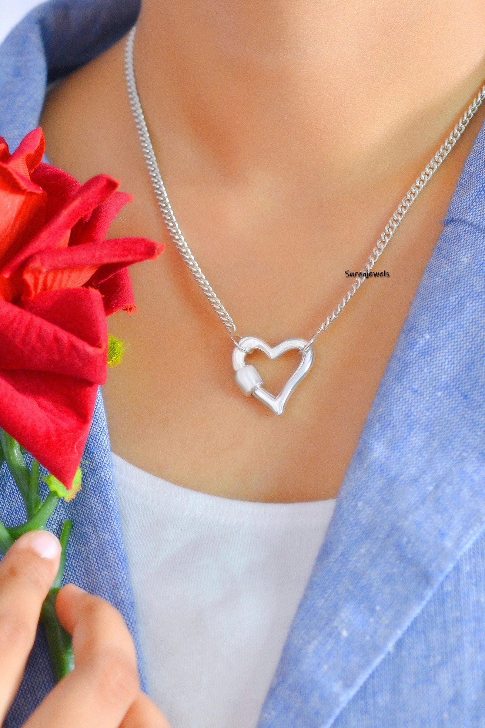 925 Silver Heart Carabiner Lock: DIY Necklace Pendant (22mm) - View 2 - Suren Jewels | SKU: SJC143-SLNS 925 Silver Heart Carabiner Lock: DIY Necklace Pendant (22mm) - View 2 - Suren Jewels | SKU: SJC143-SLNS