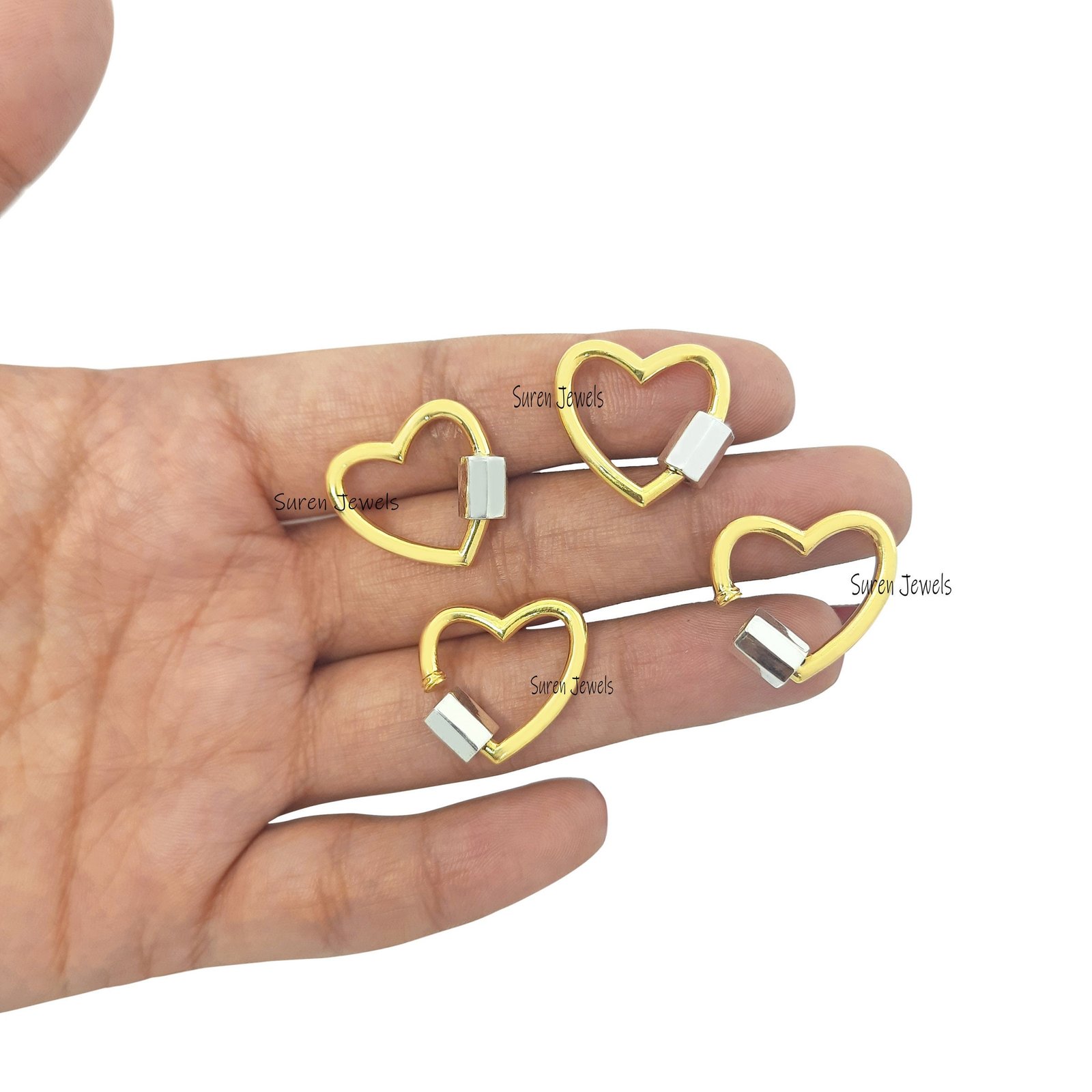 925 Silver Heart Carabiner Lock: Yellow Gold Plated Screw Clasp (20mm) - View 4 - Suren Jewels | SKU: SJC27-SLYGNS-20M 925 Silver Heart Carabiner Lock: Yellow Gold Plated Screw Clasp (20mm) - View 4 - Suren Jewels | SKU: SJC27-SLYGNS-20M