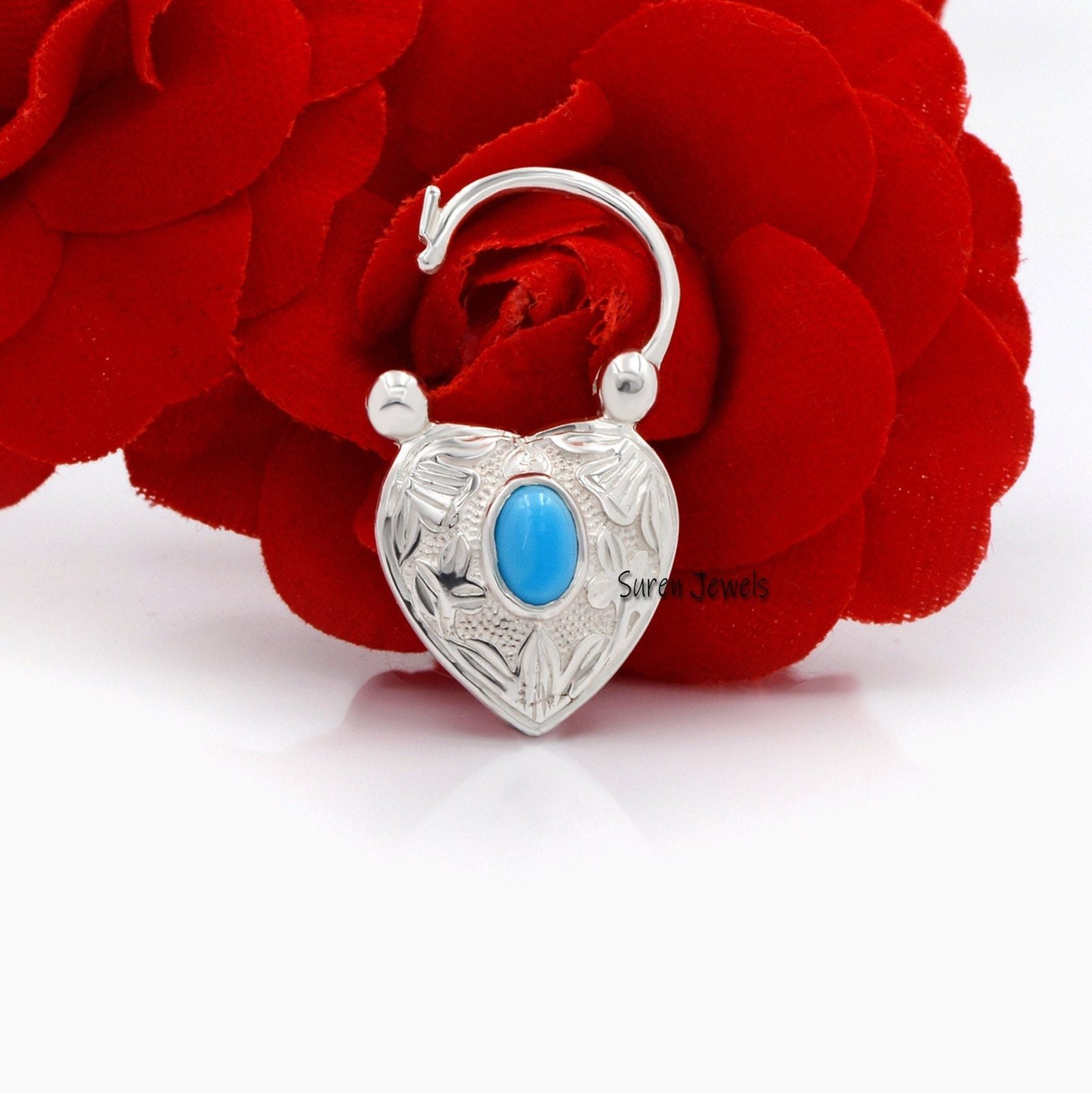 925 Silver Heart Padlock Pendant: Turquoise, Lapis & Gemstone Connector - View 3 - Suren Jewels | SKU: SJP92-SLYGTQ-N47-18I 925 Silver Heart Padlock Pendant: Turquoise, Lapis & Gemstone Connector - View 3 - Suren Jewels | SKU: SJP92-SLYGTQ-N47-18I
