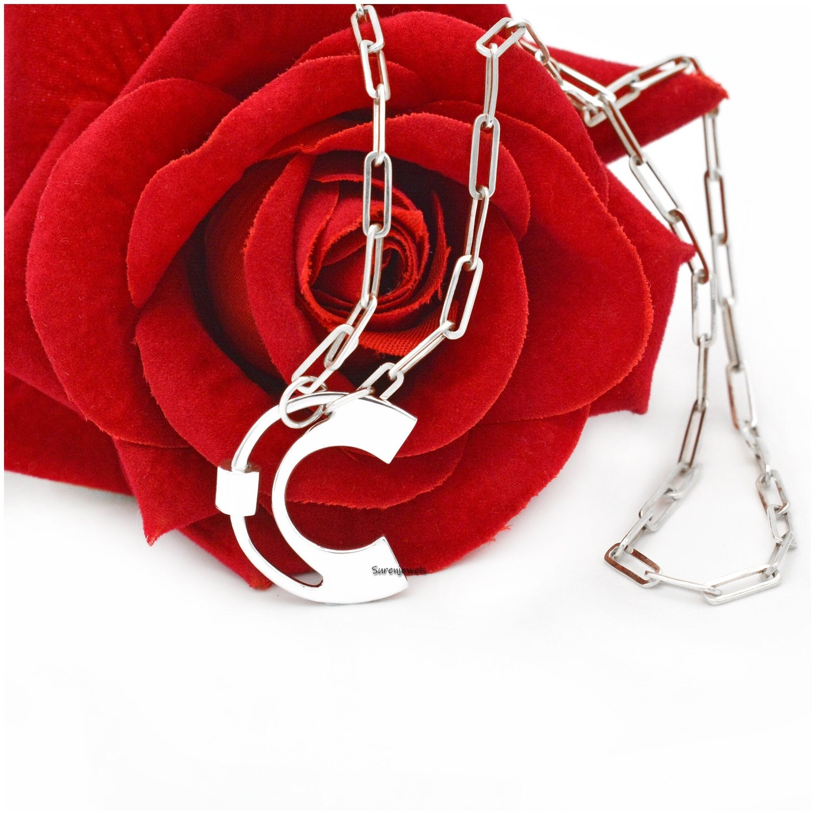 925 Silver Initial Carabiner Lock Necklace: Custom Letter A-Z - Suren Jewels | SKU: SJC88-SLYG-R-N47-18I-925 925 Silver Initial Carabiner Lock Necklace: Custom Letter A-Z - Suren Jewels | SKU: SJC88-SLYG-R-N47-18I-925