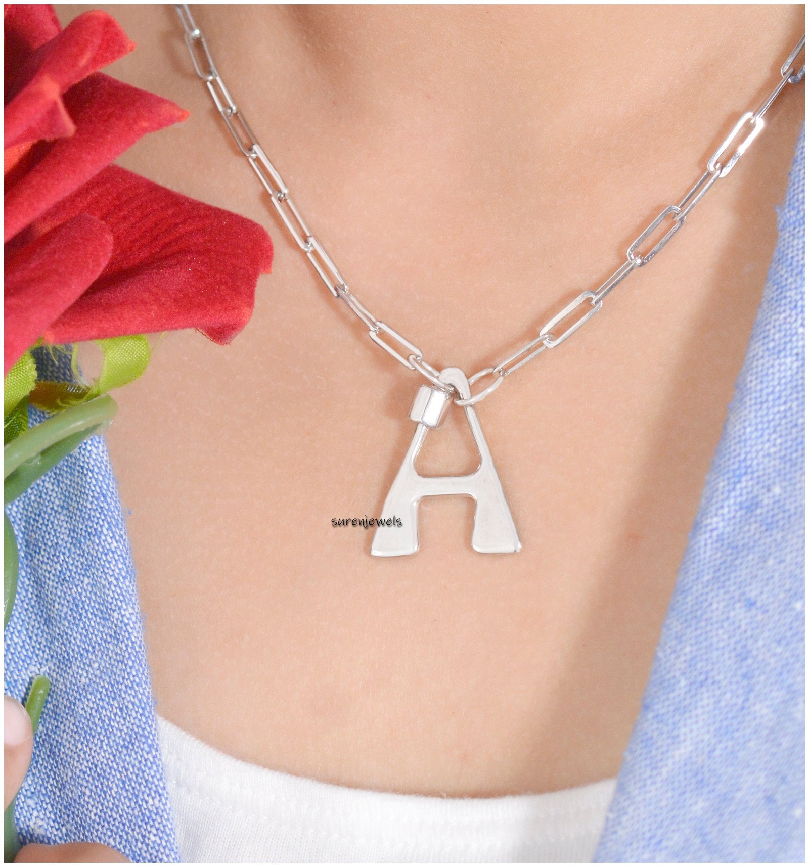 925 Silver Initial Lock Necklace: Personalized Letter Carabiner - View 2 - Suren Jewels | SKU: SJC88-SLYG-F-N47-18I-925 925 Silver Initial Lock Necklace: Personalized Letter Carabiner - View 2 - Suren Jewels | SKU: SJC88-SLYG-F-N47-18I-925