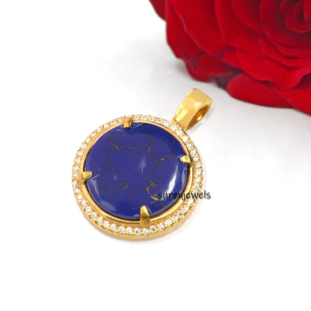 925 Silver Lapis Lazuli Disc Pendant with Moissanite - Suren Jewels | SKU: SJP1313-SLYGLPZMN 925 Silver Lapis Lazuli Disc Pendant with Moissanite - Suren Jewels | SKU: SJP1313-SLYGLPZMN