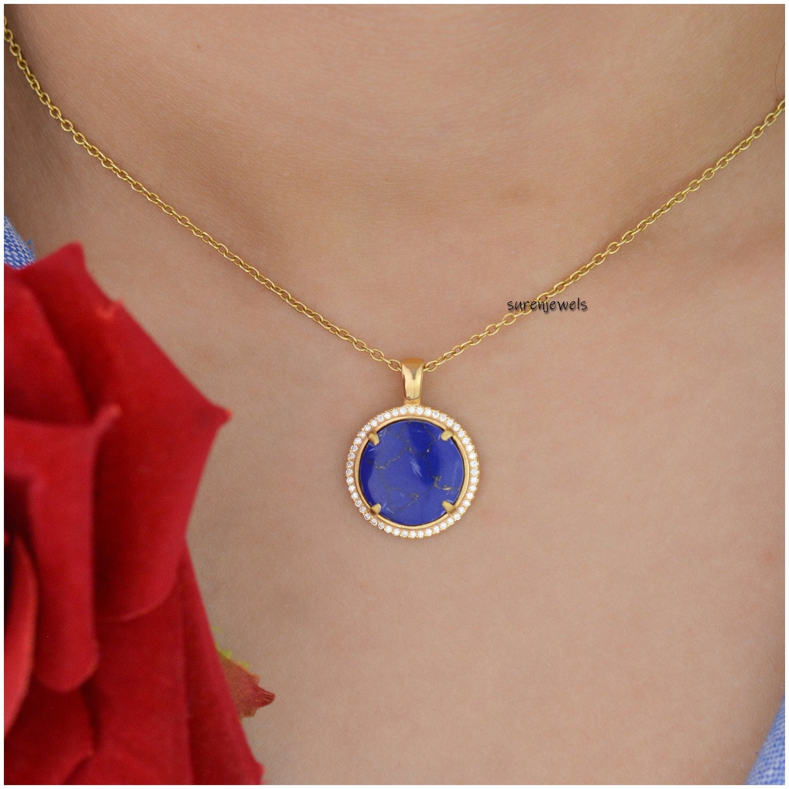 925 Silver Lapis Lazuli Disc Pendant with Moissanite - View 3 - Suren Jewels | SKU: SJP1313-SLYGLPZMN 925 Silver Lapis Lazuli Disc Pendant with Moissanite - View 3 - Suren Jewels | SKU: SJP1313-SLYGLPZMN