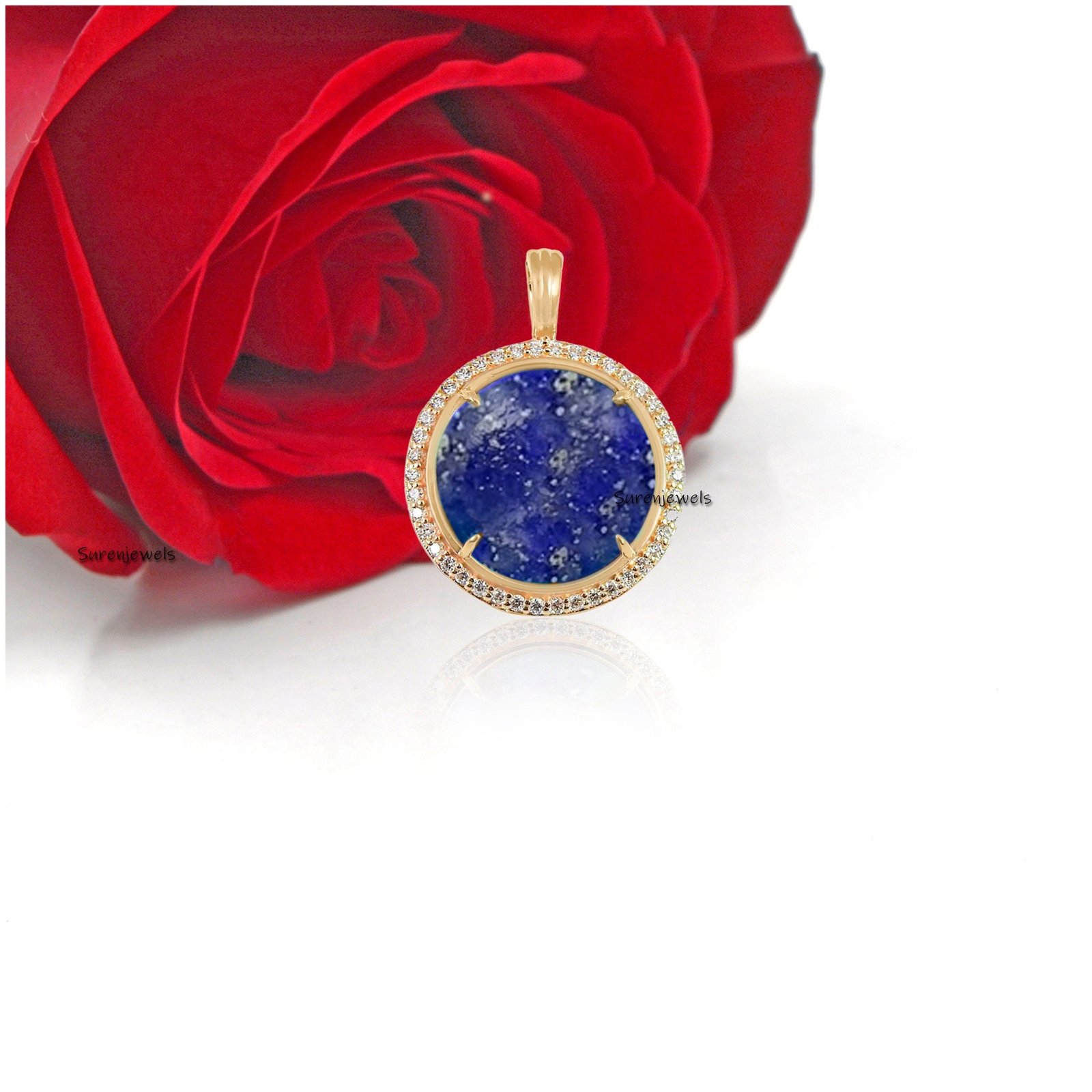 925 Silver Lapis Lazuli Disc Pendant with Moissanite - View 5 - Suren Jewels | SKU: SJP1313-SLYGLPZMN 925 Silver Lapis Lazuli Disc Pendant with Moissanite - View 5 - Suren Jewels | SKU: SJP1313-SLYGLPZMN