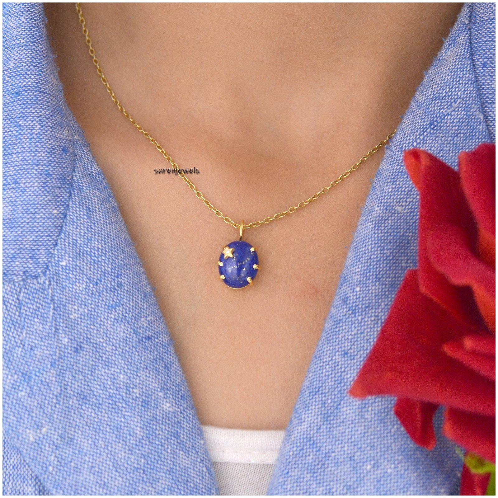 925 Silver Lapis North Star Pendant: Moissanite Starburst - View 3 - Suren Jewels | SKU: SJP1393-SLYGLPZMN 925 Silver Lapis North Star Pendant: Moissanite Starburst - View 3 - Suren Jewels | SKU: SJP1393-SLYGLPZMN