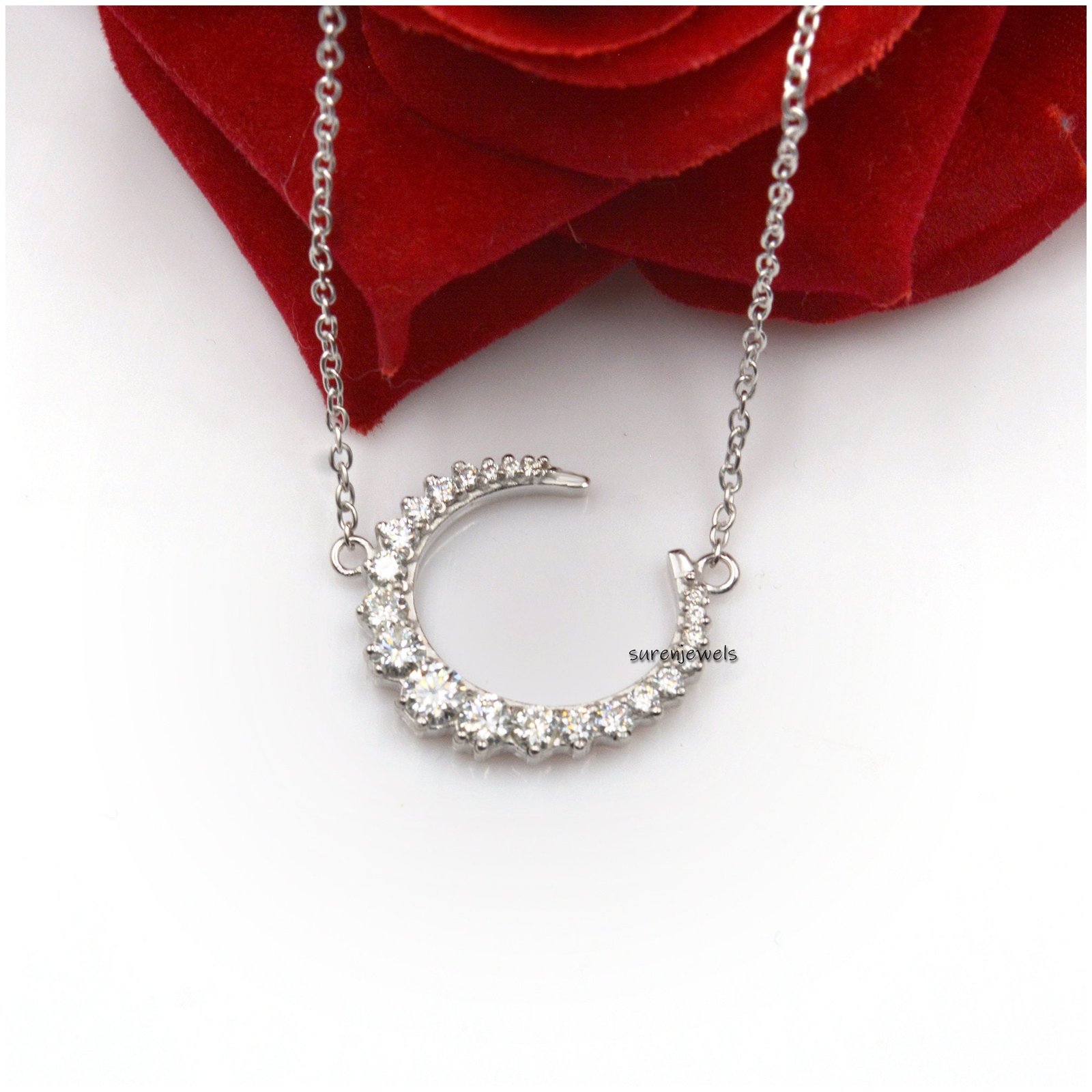 925 Silver Moissanite Crescent Moon Necklace - View 2 - Suren Jewels | SKU: SJN687-SLWGMN-16I 925 Silver Moissanite Crescent Moon Necklace - View 2 - Suren Jewels | SKU: SJN687-SLWGMN-16I
