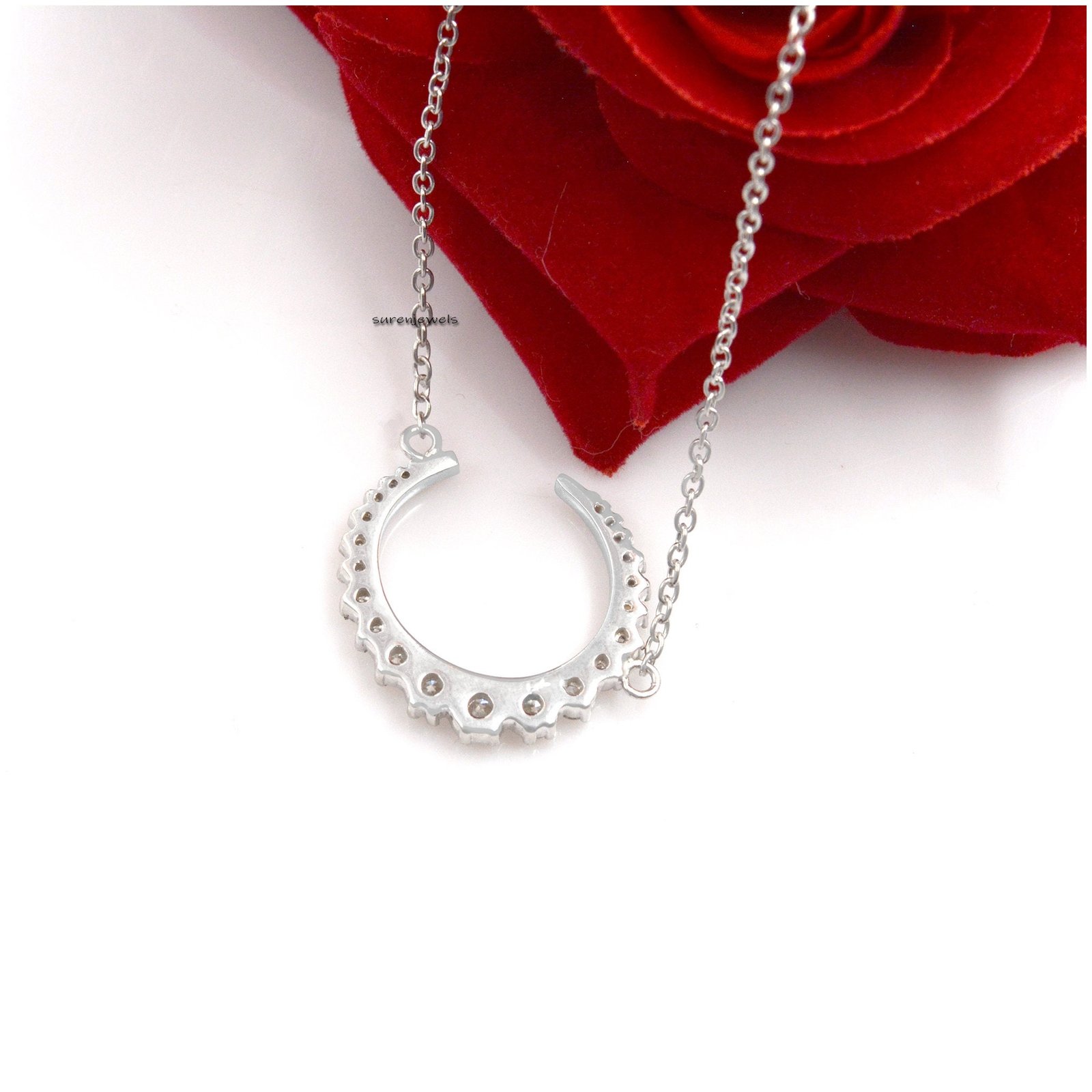 925 Silver Moissanite Crescent Moon Necklace - View 3 - Suren Jewels | SKU: SJN687-SLWGMN-16I 925 Silver Moissanite Crescent Moon Necklace - View 3 - Suren Jewels | SKU: SJN687-SLWGMN-16I